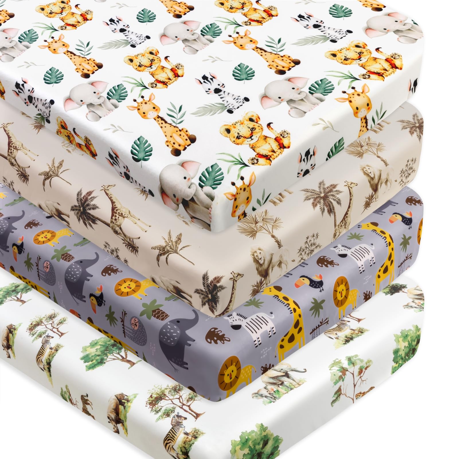 4-Pack Safari Animal Fitted Crib Sheet Set