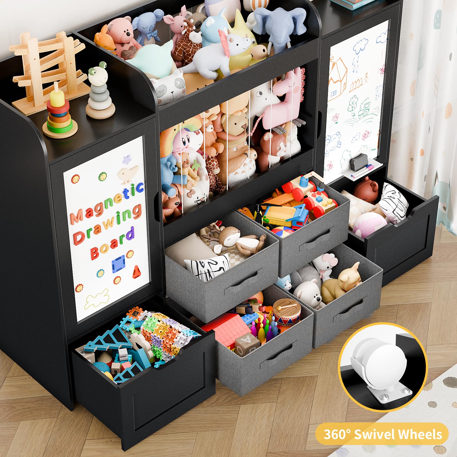 Montessori Kids Toy Storage Organizer with Bins, Toy Boxes, and Magnetic Board
