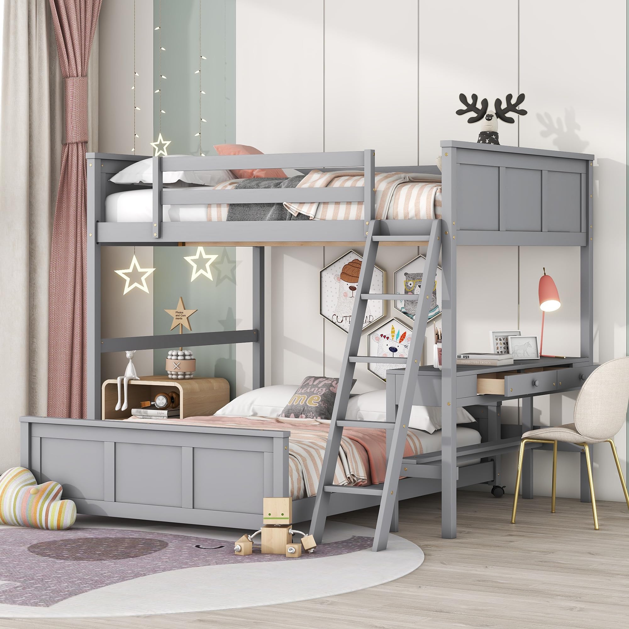 Twin Loft Bed with Storage Stairs and Solid Wood Frame