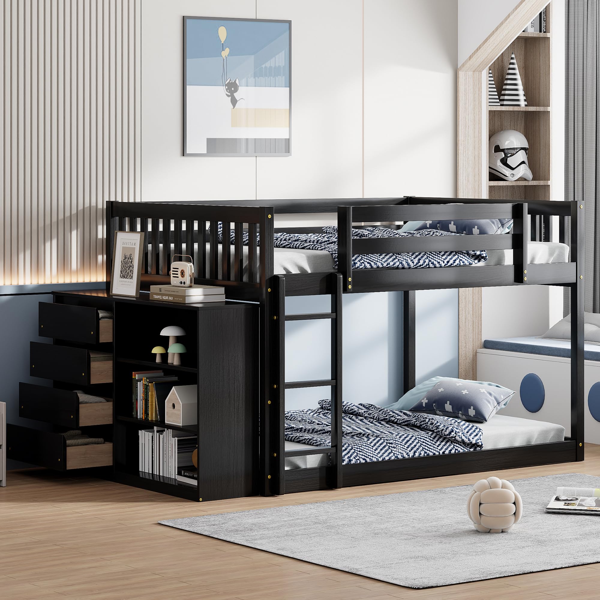 Bunk Bed with Storage Drawers and Shelves