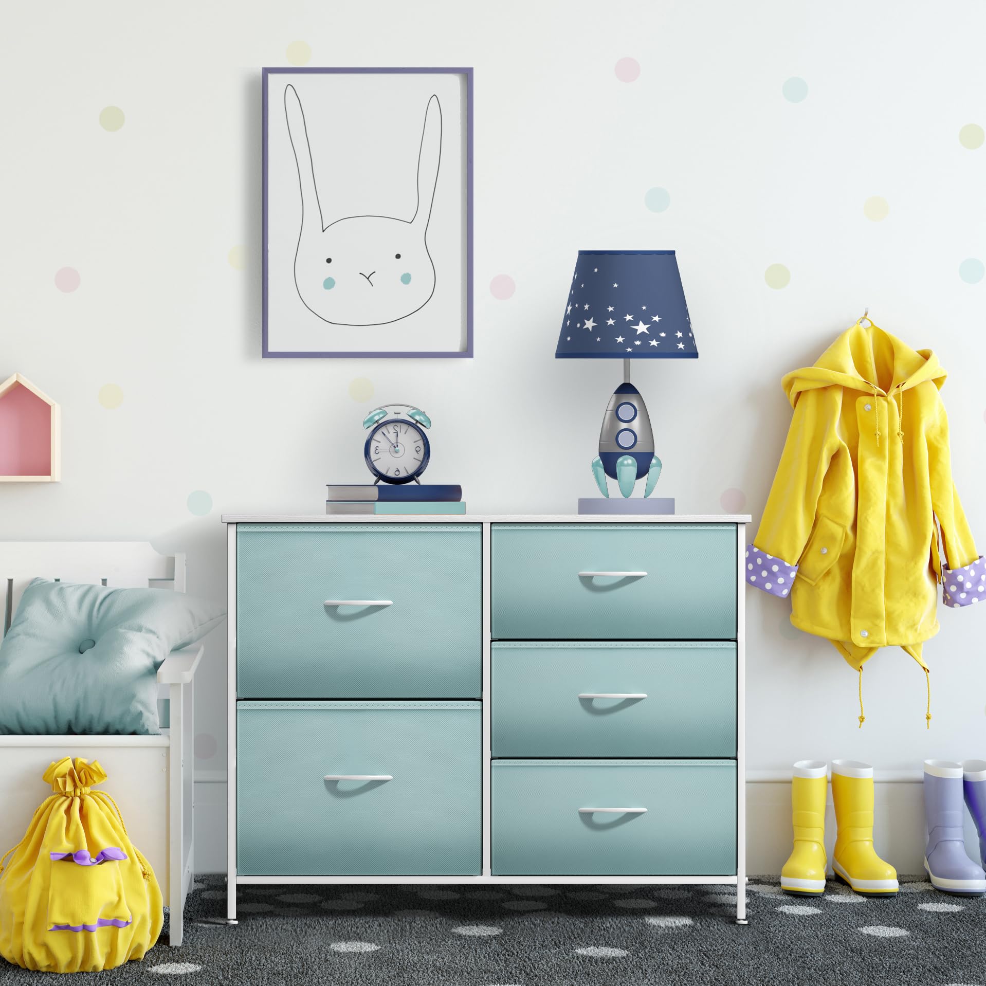 6-Drawer Storage Dresser with Wood Top and Fabric Bins