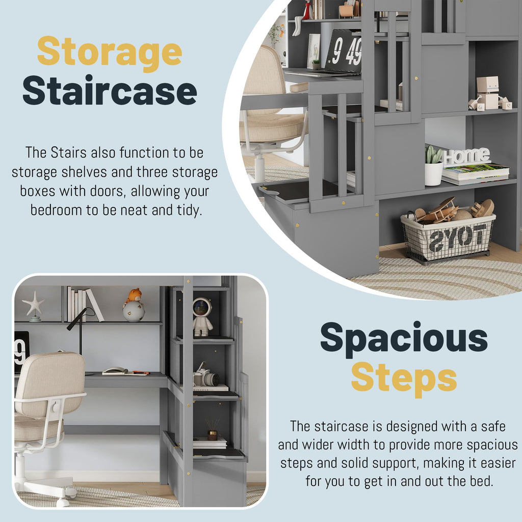 Full-Size Loft Bed with Desk, Shelves, and Storage Stairs