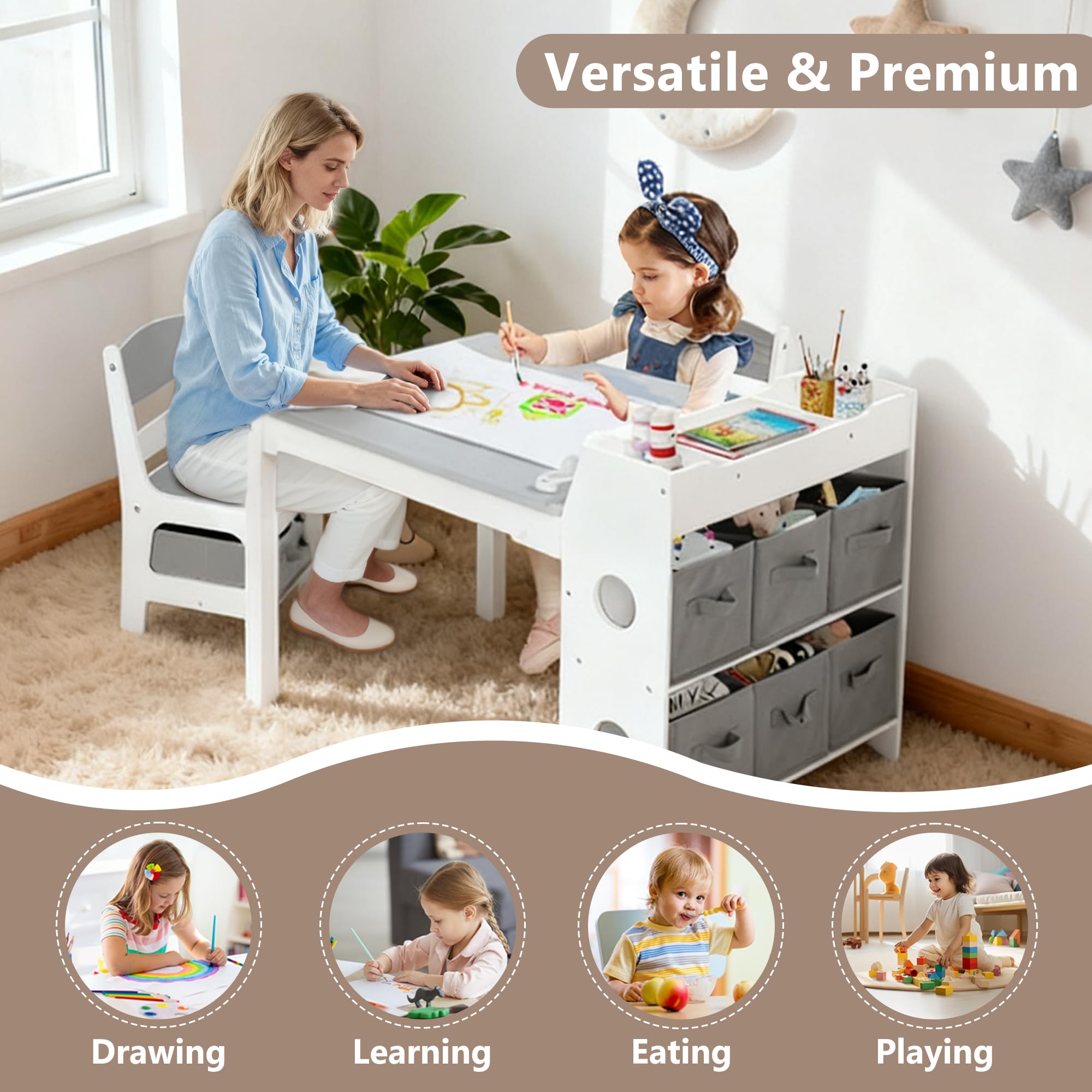Kids Toddler Table and Chair Set with Storage Bins and Paper Roll