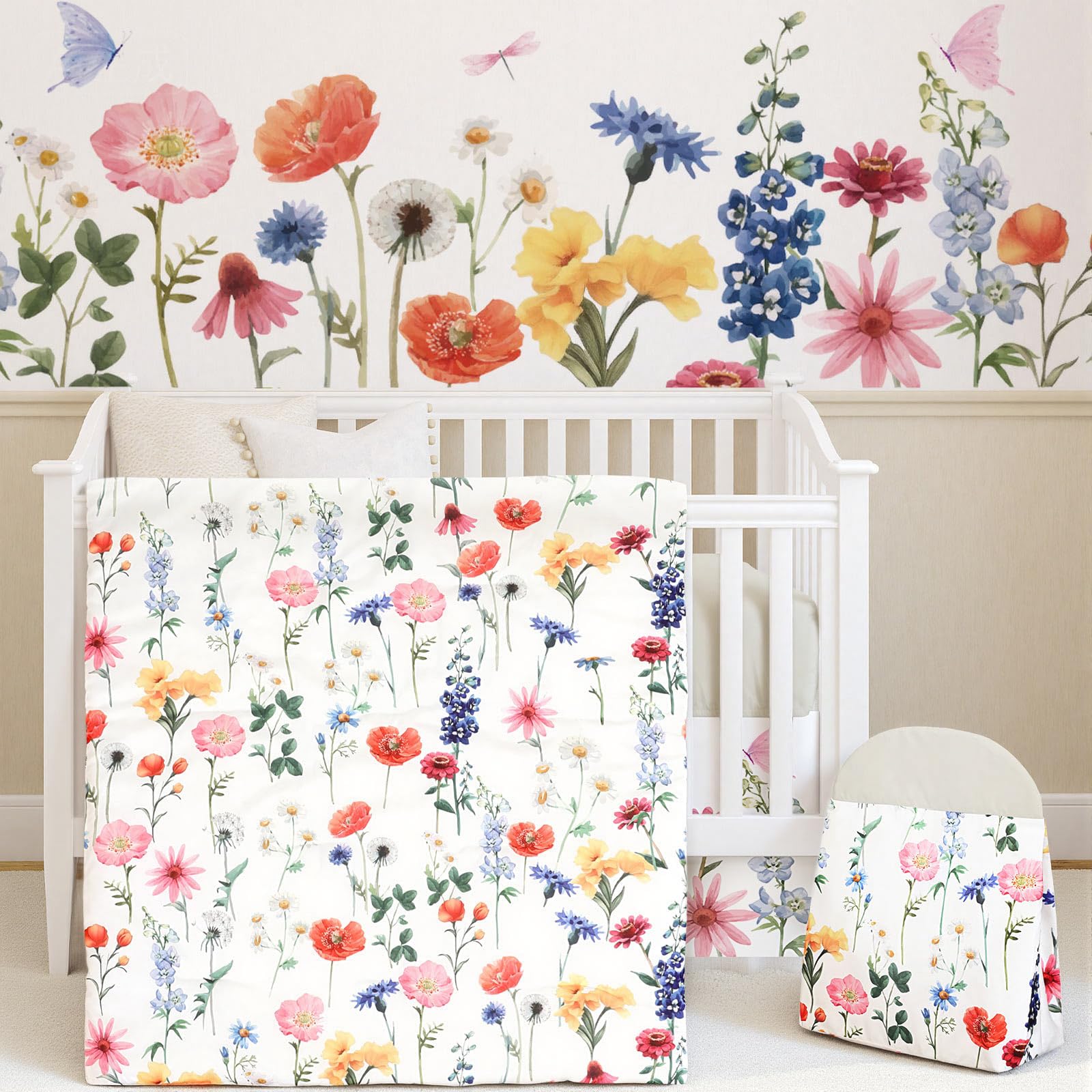 4-Piece Woodland Animal Crib Bedding Set with Blanket, Sheet, Skirt, and Diaper Stacker