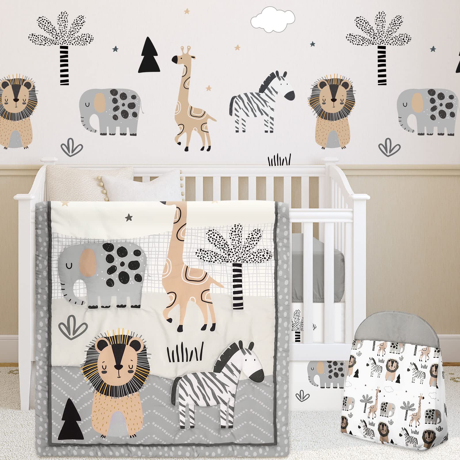 4-Piece Woodland Animal Crib Bedding Set with Blanket, Sheet, Skirt, and Diaper Stacker