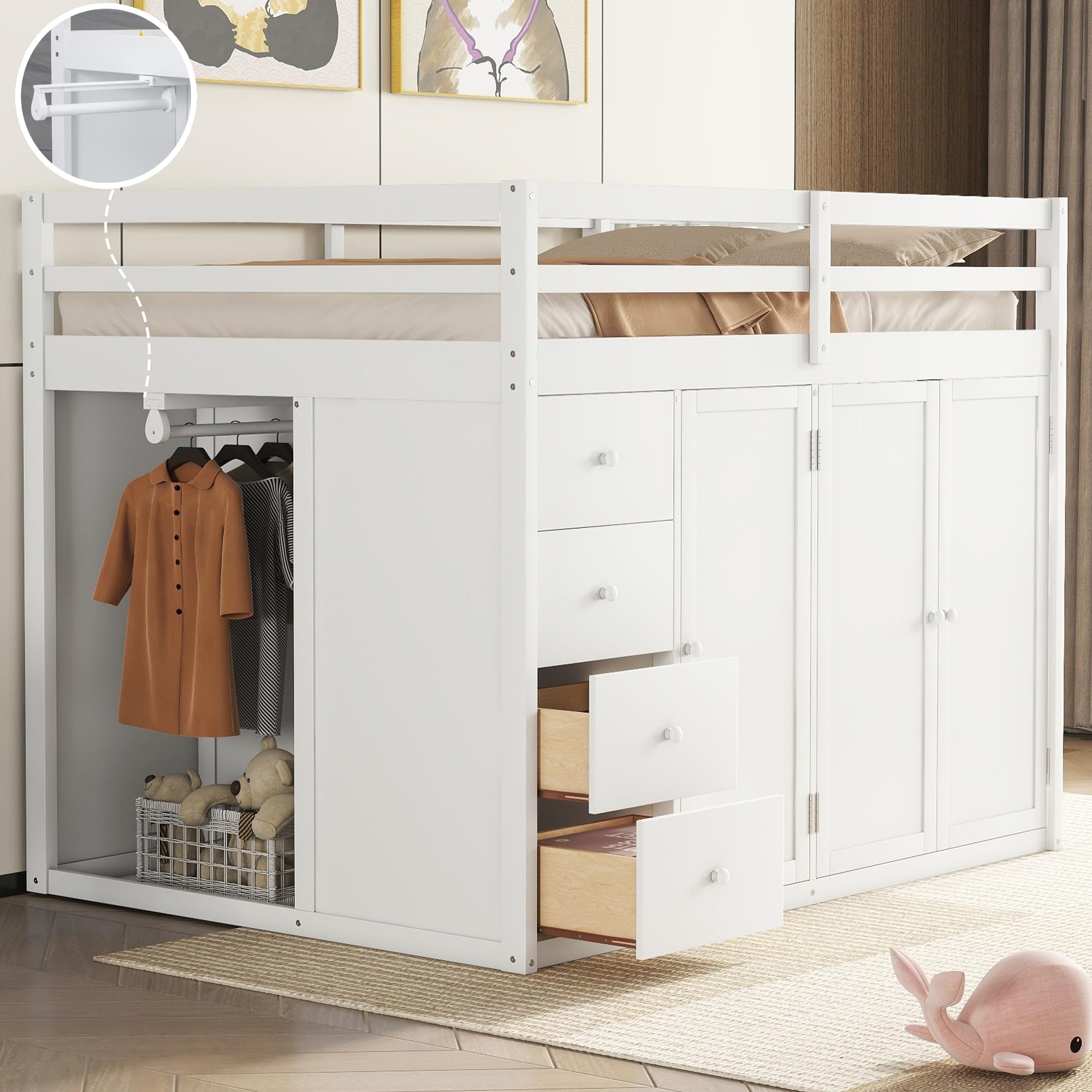Full-Size White Loft Bed with Built-in Wardrobe, Drawers & Staircase Storage