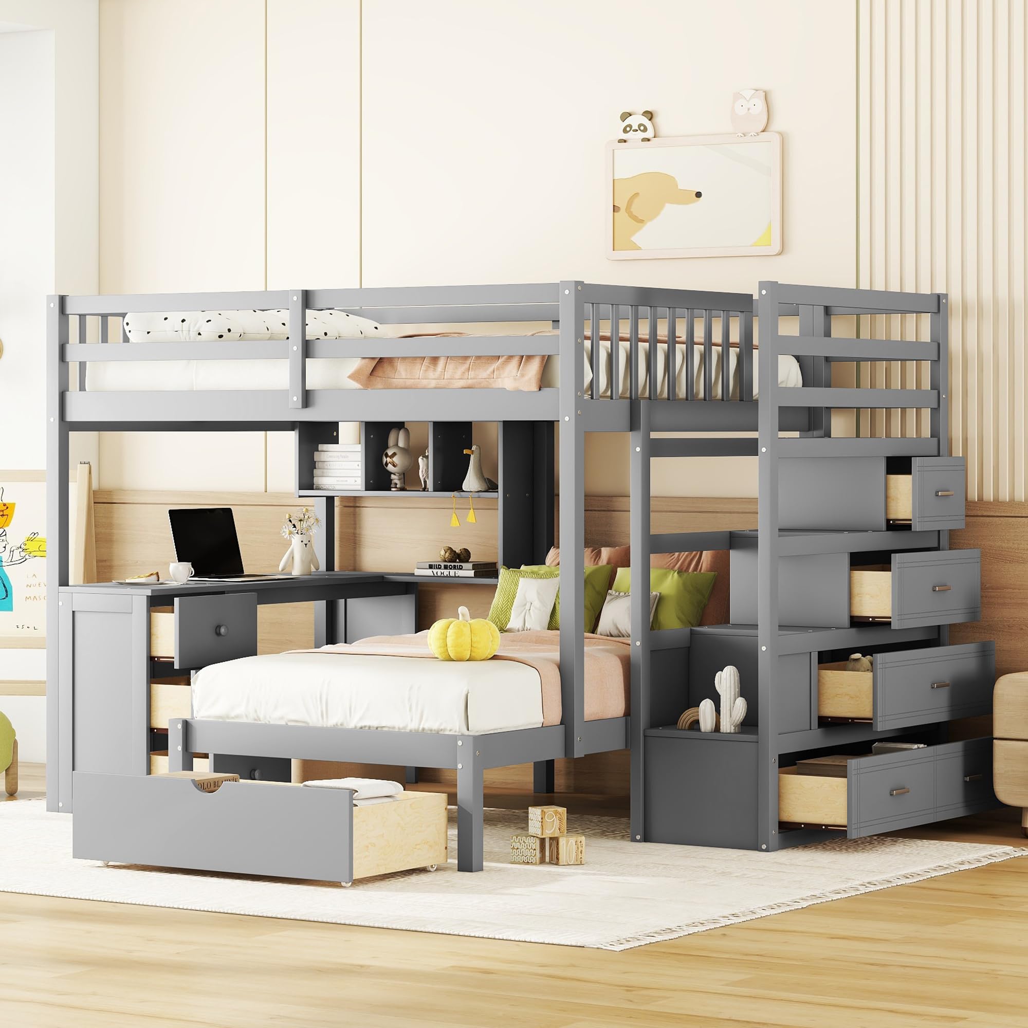 Twin Loft Bed with Storage Stairs and Solid Wood Frame