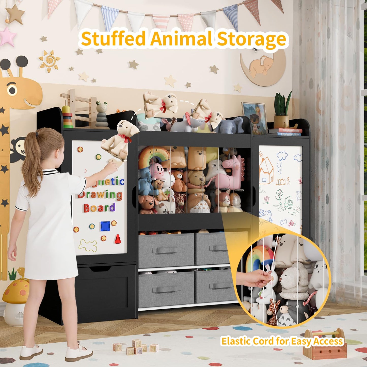 Montessori Kids Toy Storage Organizer with Bins, Toy Boxes, and Magnetic Board