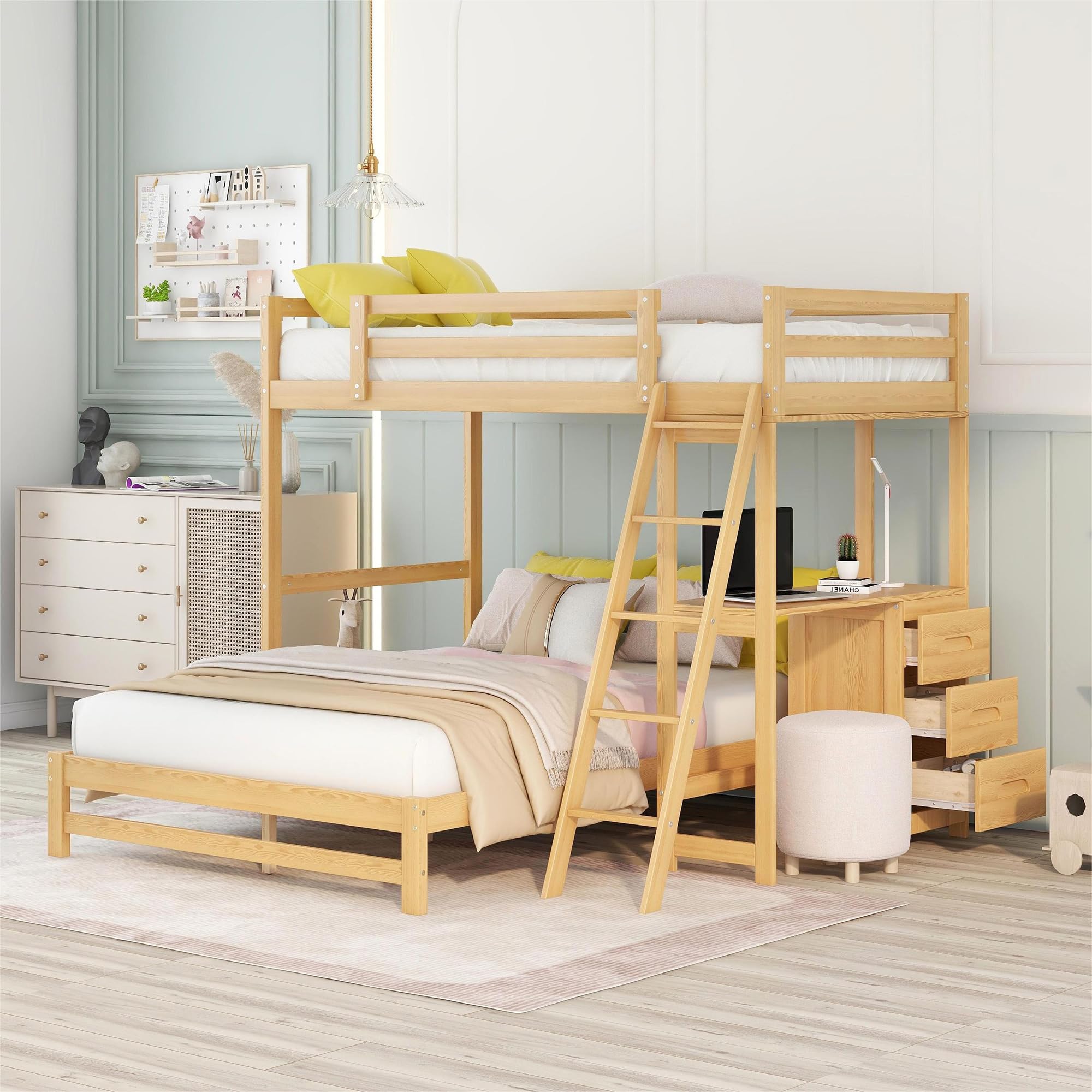 Twin Loft Bed with Storage Stairs and Solid Wood Frame