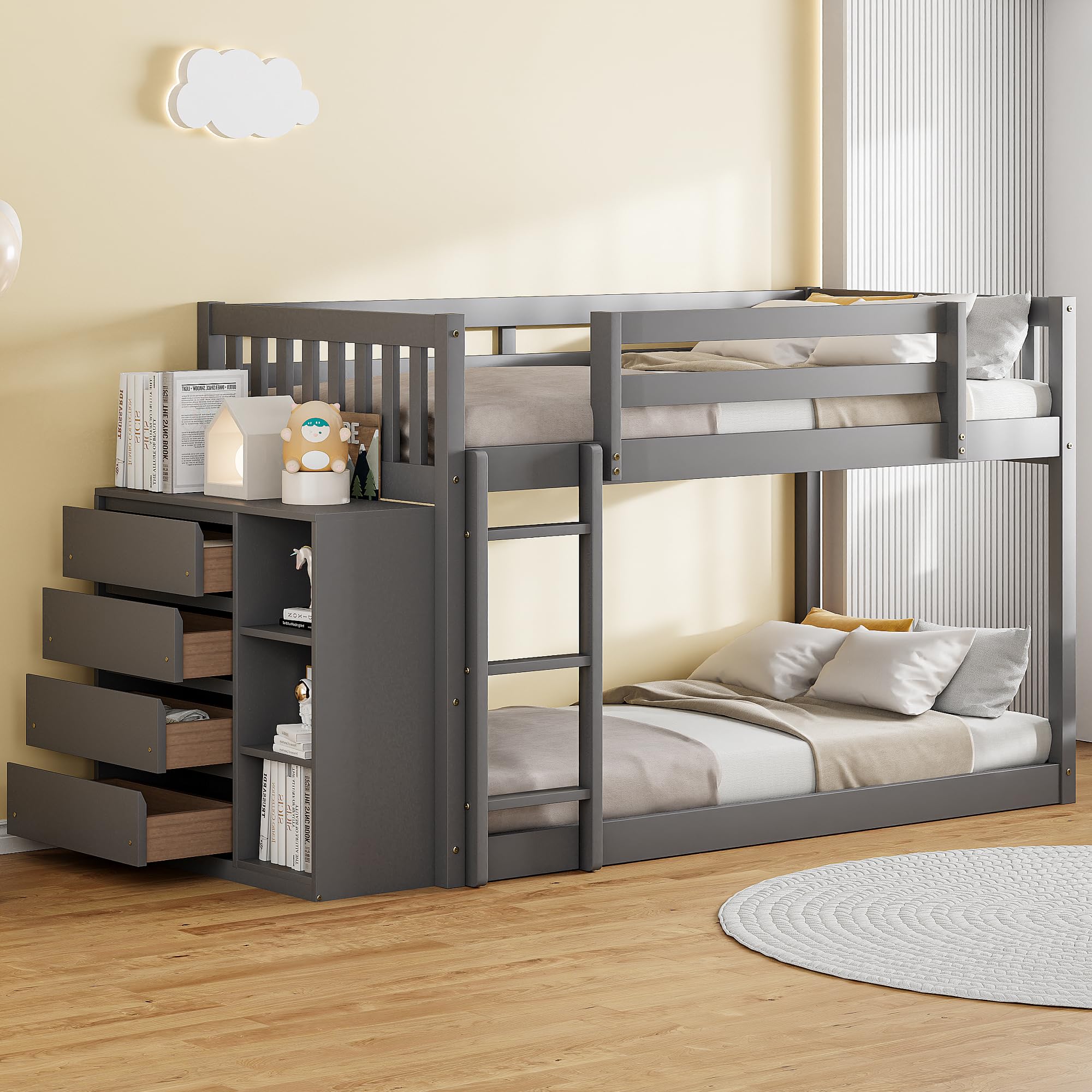 Bunk Bed with Storage Drawers and Shelves