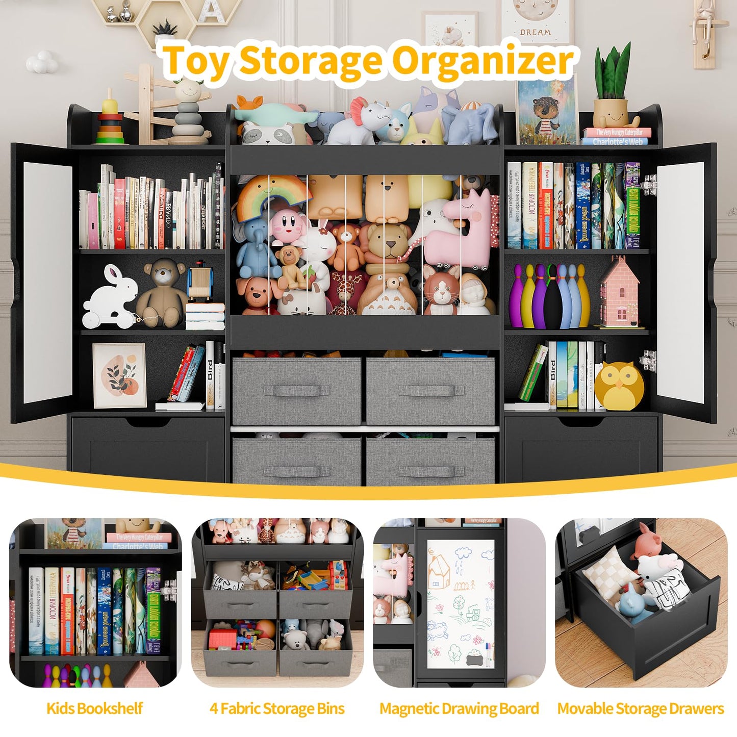 Montessori Kids Toy Storage Organizer with Bins, Toy Boxes, and Magnetic Board