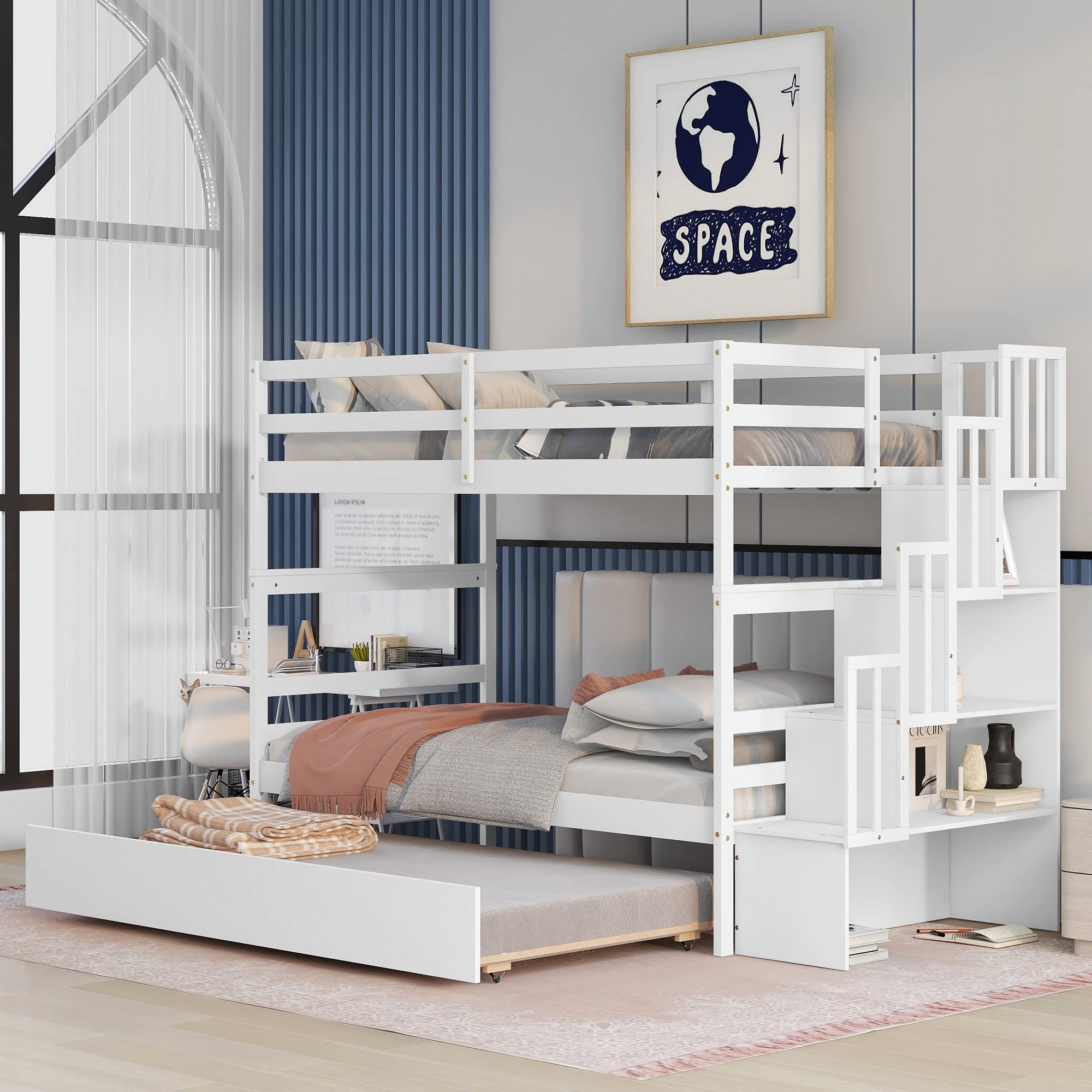 Twin Loft Bed with Storage Stairs and Solid Wood Frame
