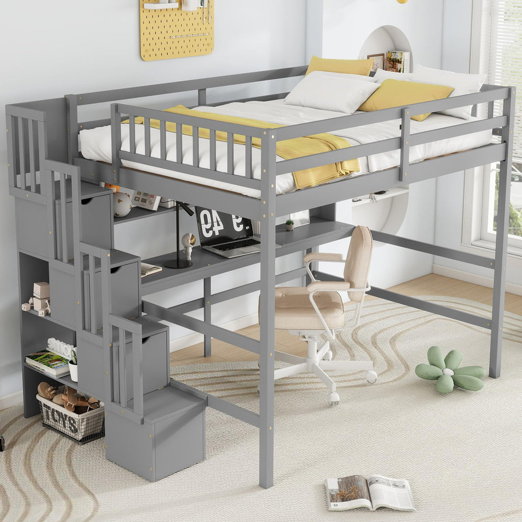 Full-Size Loft Bed with Desk, Shelves, and Storage Stairs