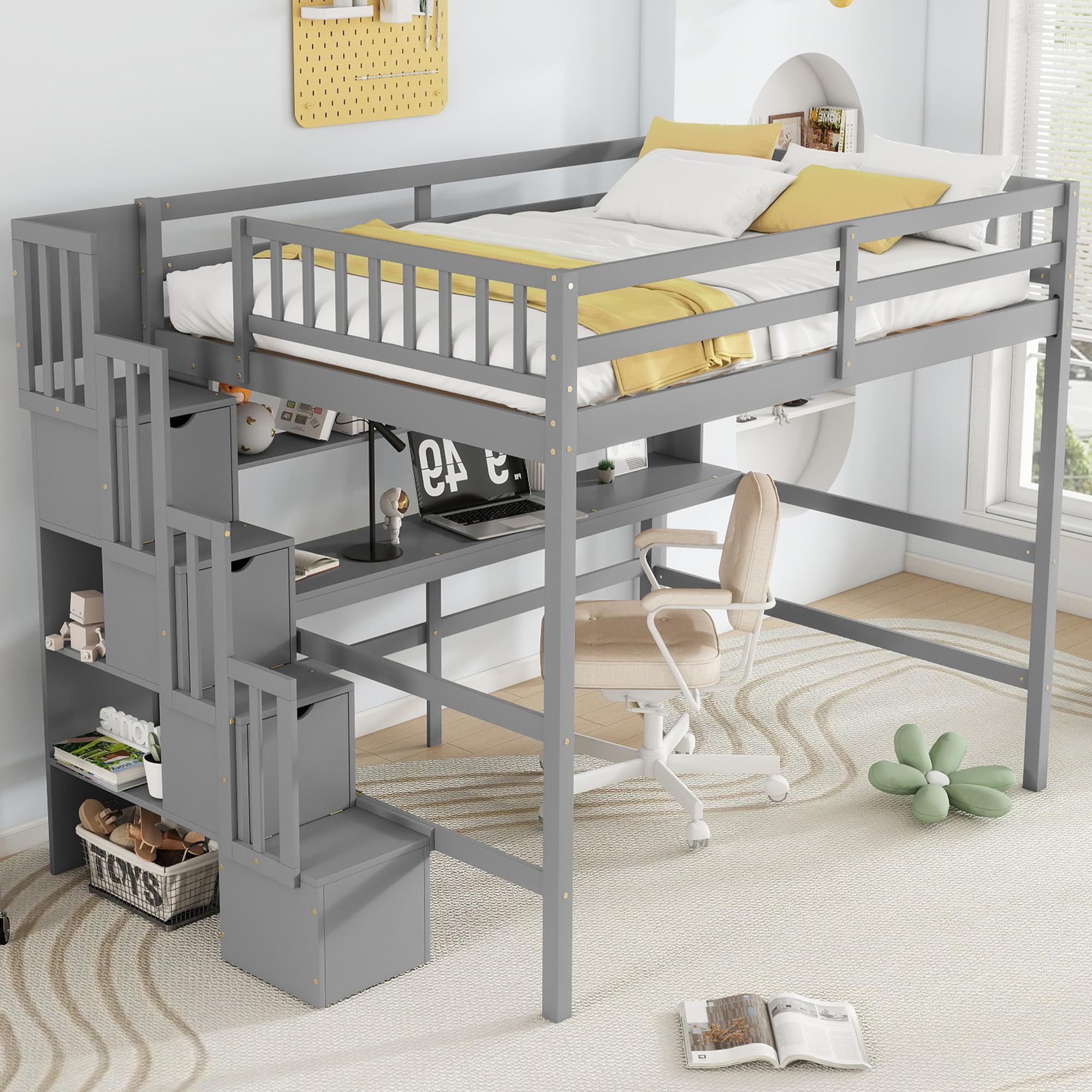 Full-Size Loft Bed with Desk, Shelves, and Storage Stairs