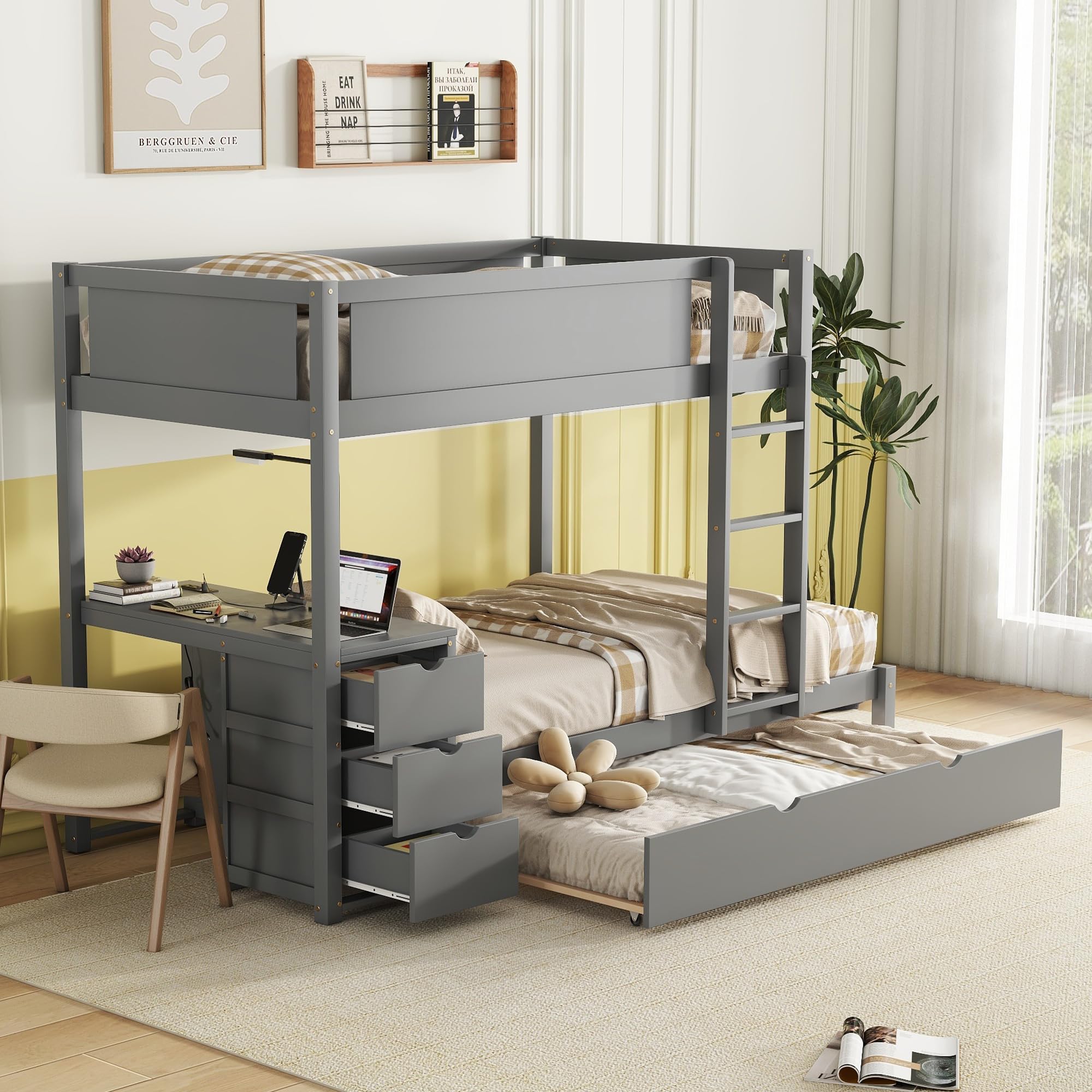 Twin Loft Bed with Storage Stairs and Solid Wood Frame