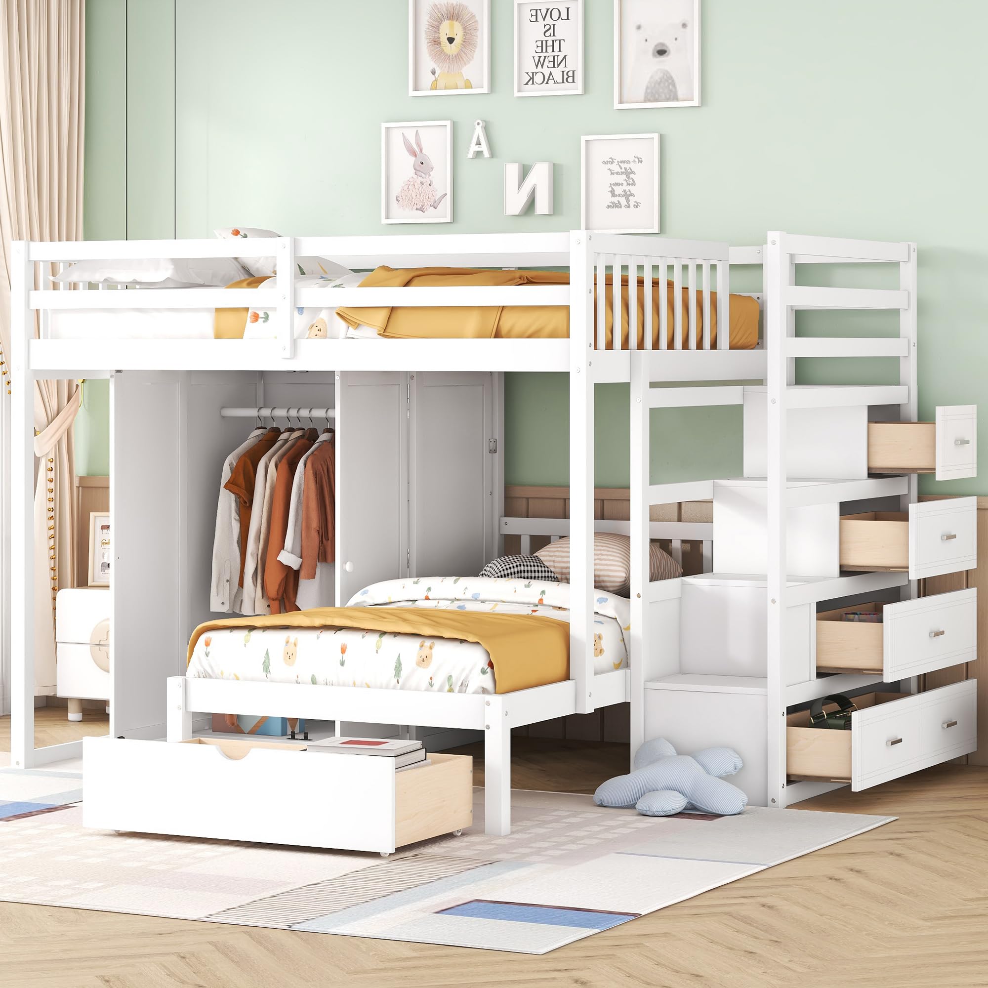 Twin Loft Bed with Storage Stairs and Solid Wood Frame