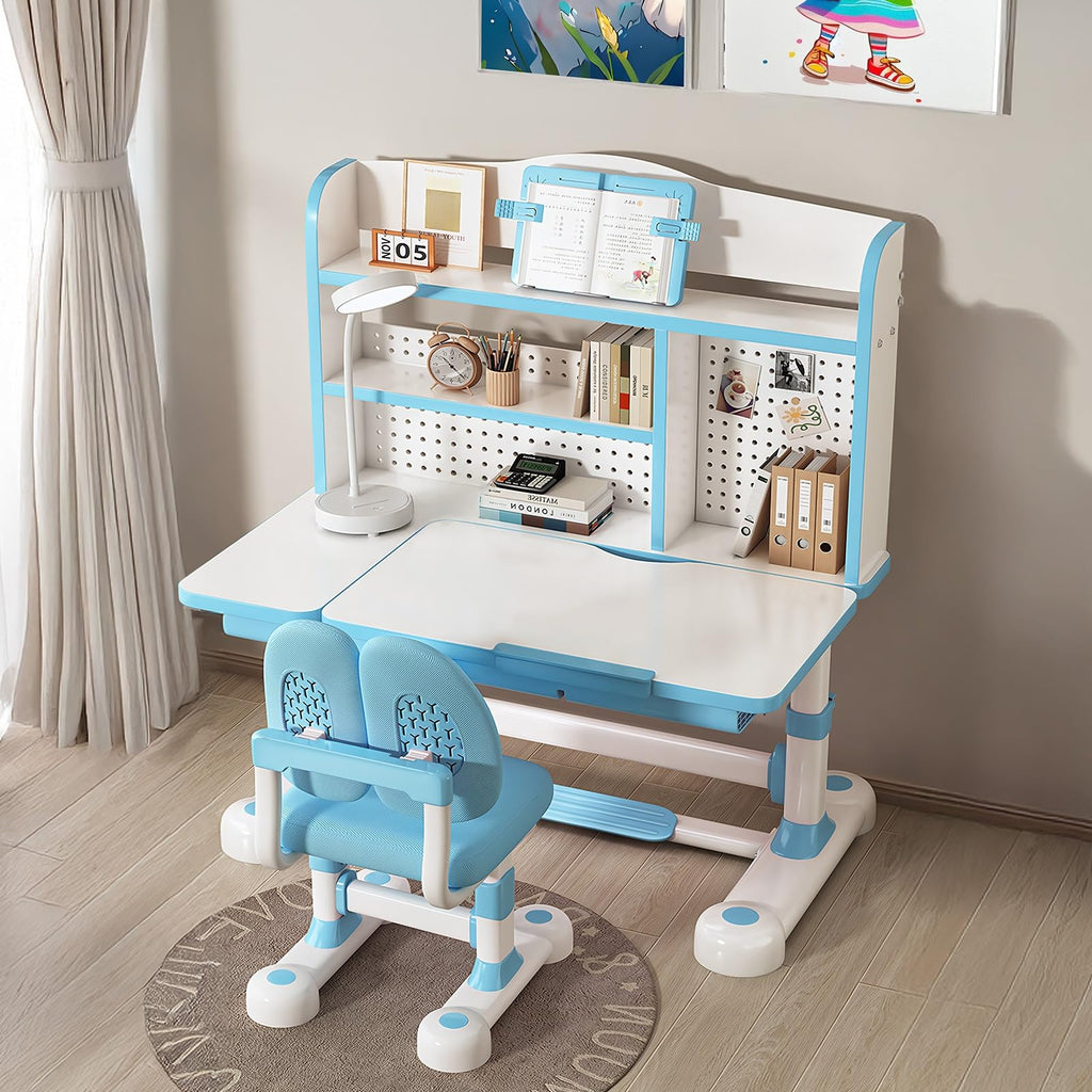 Height-Adjustable Kids Desk and Chair Set with Storage and Bookshelf