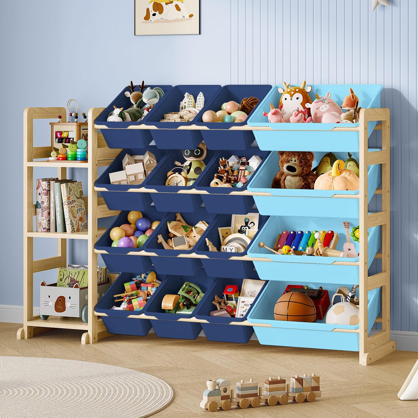 Toy Storage Shelf with 12 Bins and Bookshelf