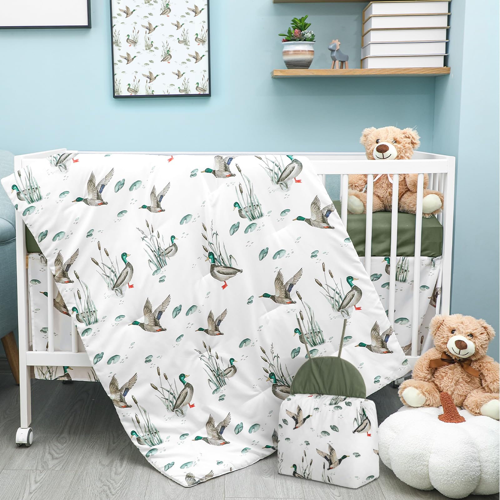 4-Piece Woodland Animal Crib Bedding Set with Blanket, Sheet, Skirt, and Diaper Stacker
