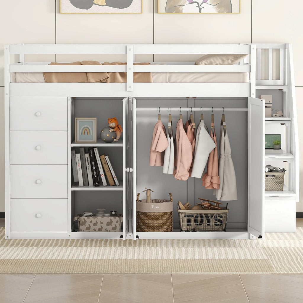 Full-Size White Loft Bed with Built-in Wardrobe, Drawers & Staircase Storage