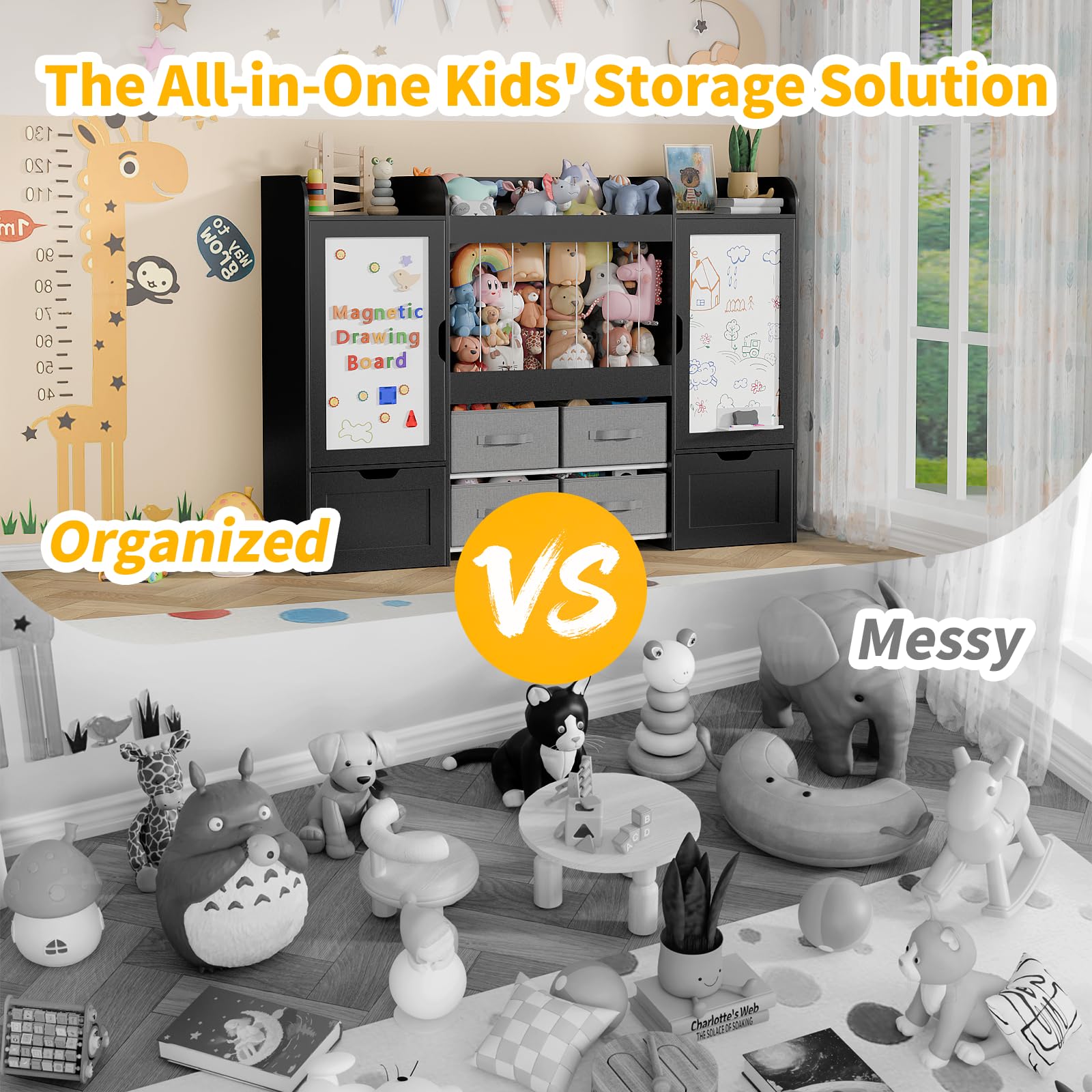 Montessori Kids Toy Storage Organizer with Bins, Toy Boxes, and Magnetic Board