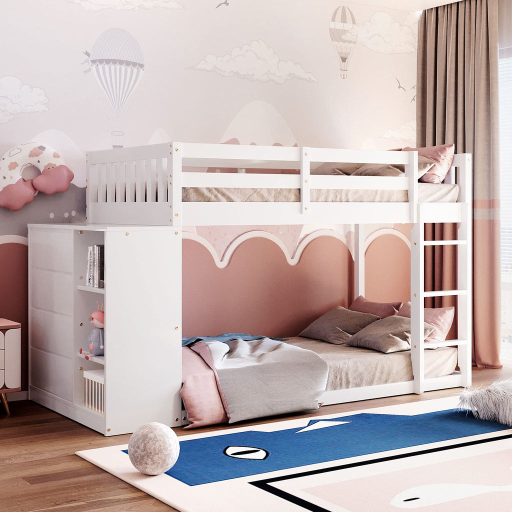 Twin Over Twin Bunk Bed with Storage Drawers and Shelves