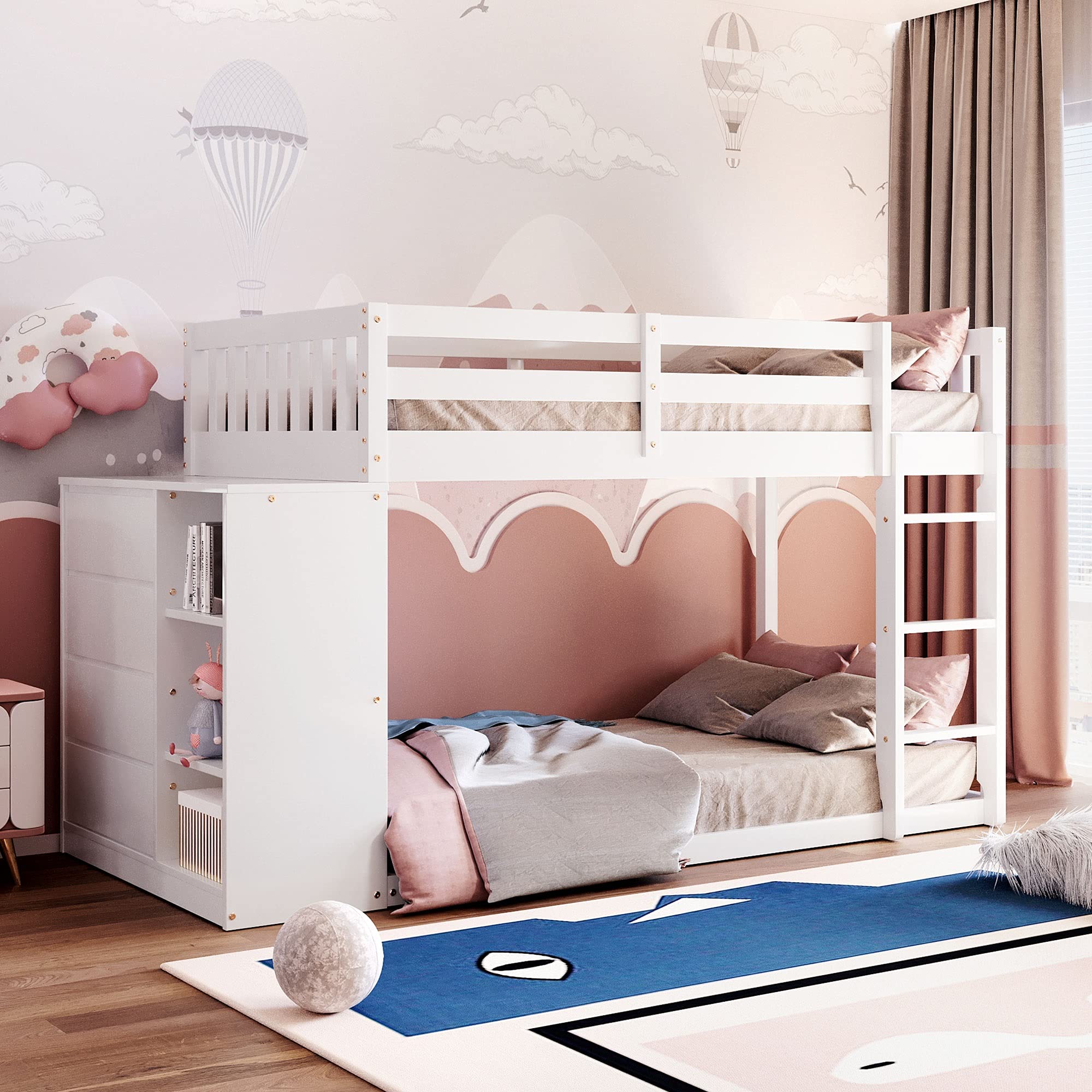 Twin Over Twin Bunk Bed with Storage Drawers and Shelves