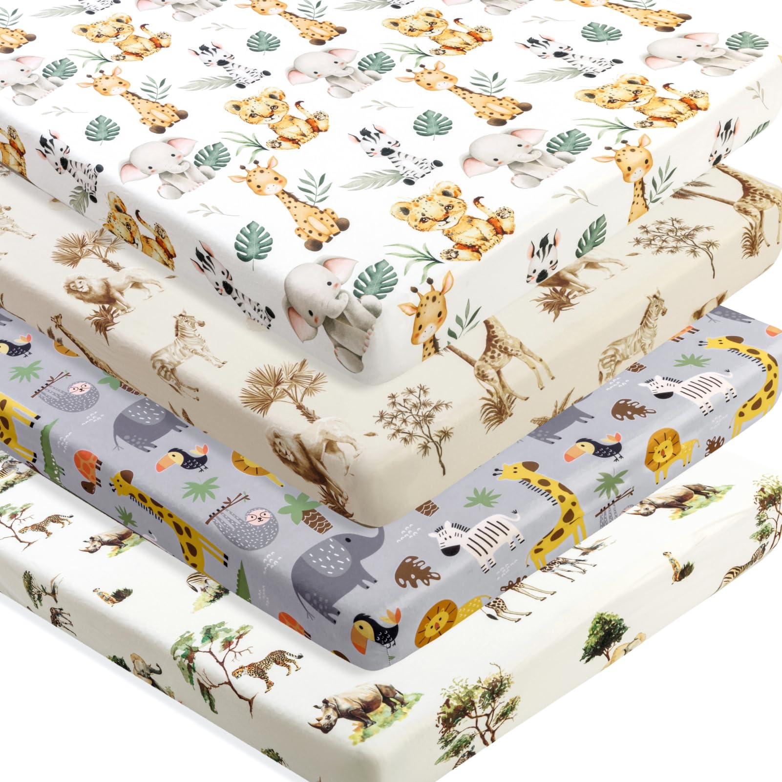 4-Pack Safari Animal Fitted Crib Sheet Set