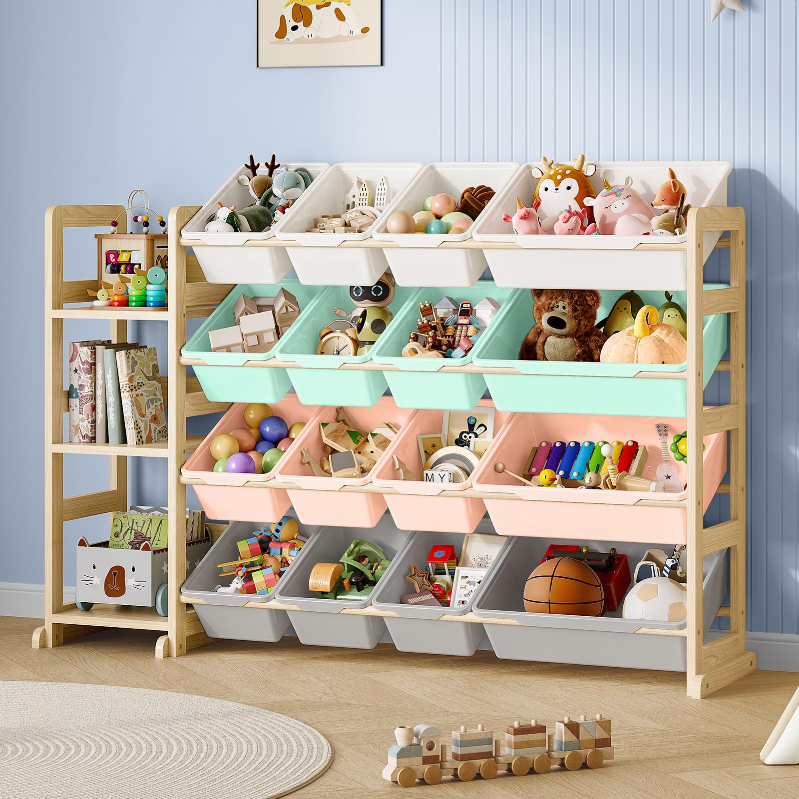 Toy Storage Shelf with 12 Bins and Bookshelf