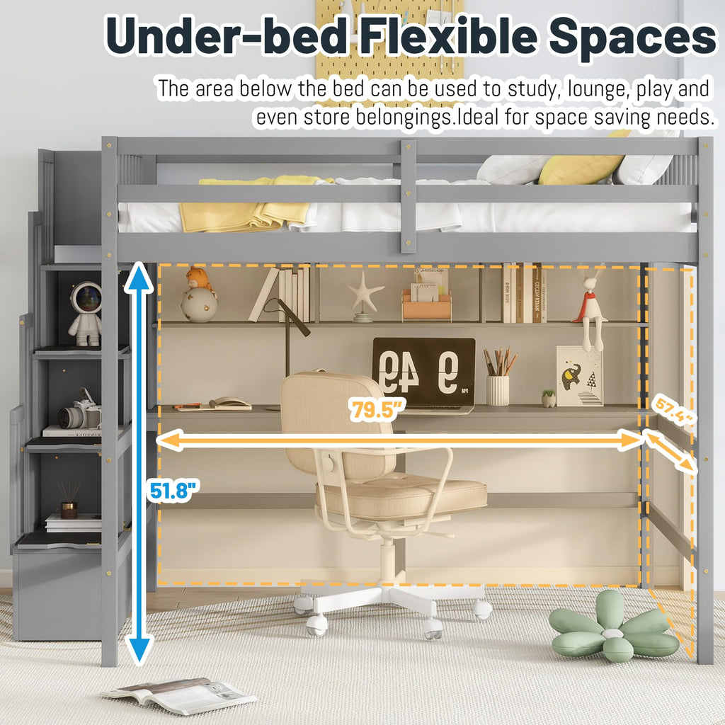 Full-Size Loft Bed with Desk, Shelves, and Storage Stairs