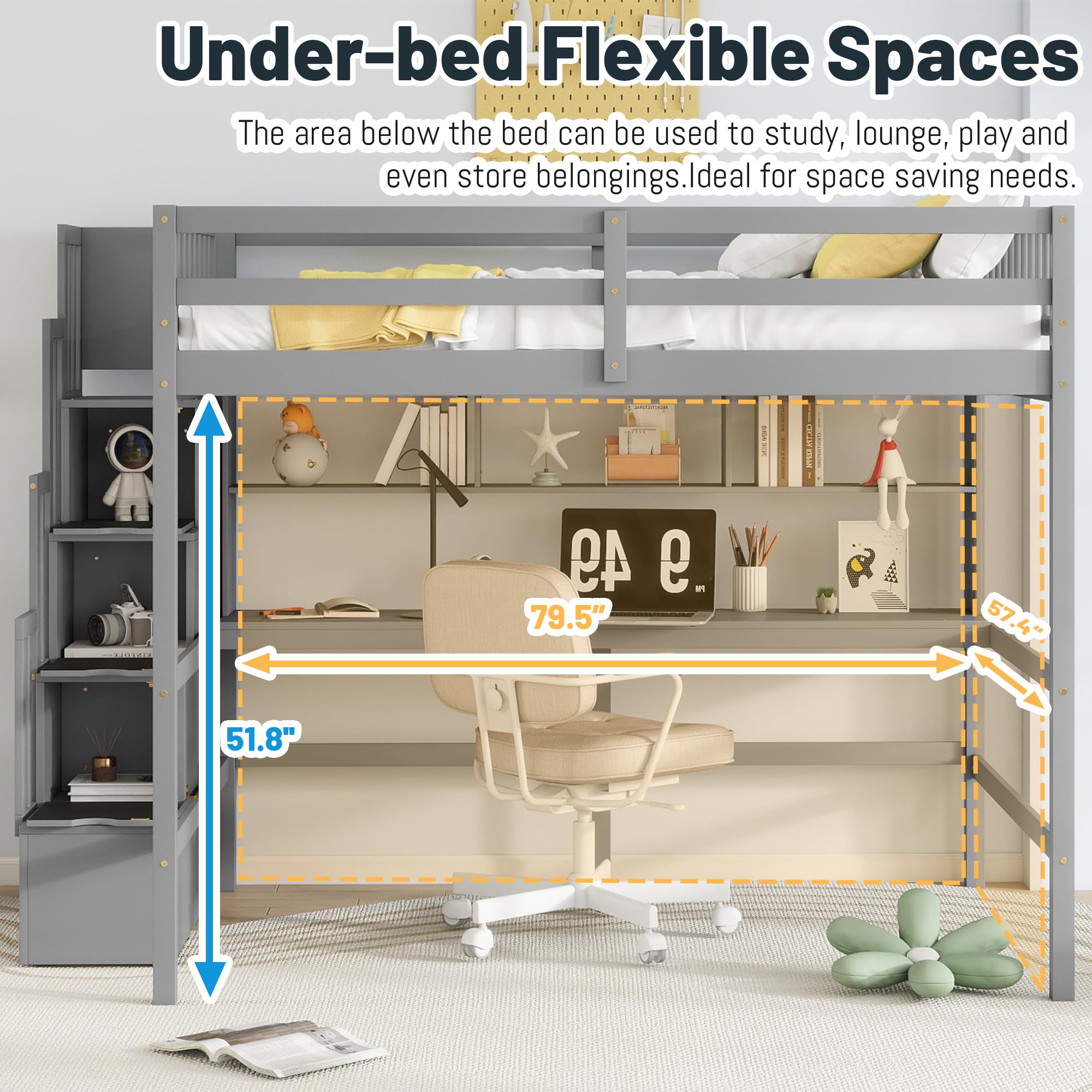 Full-Size Loft Bed with Desk, Shelves, and Storage Stairs