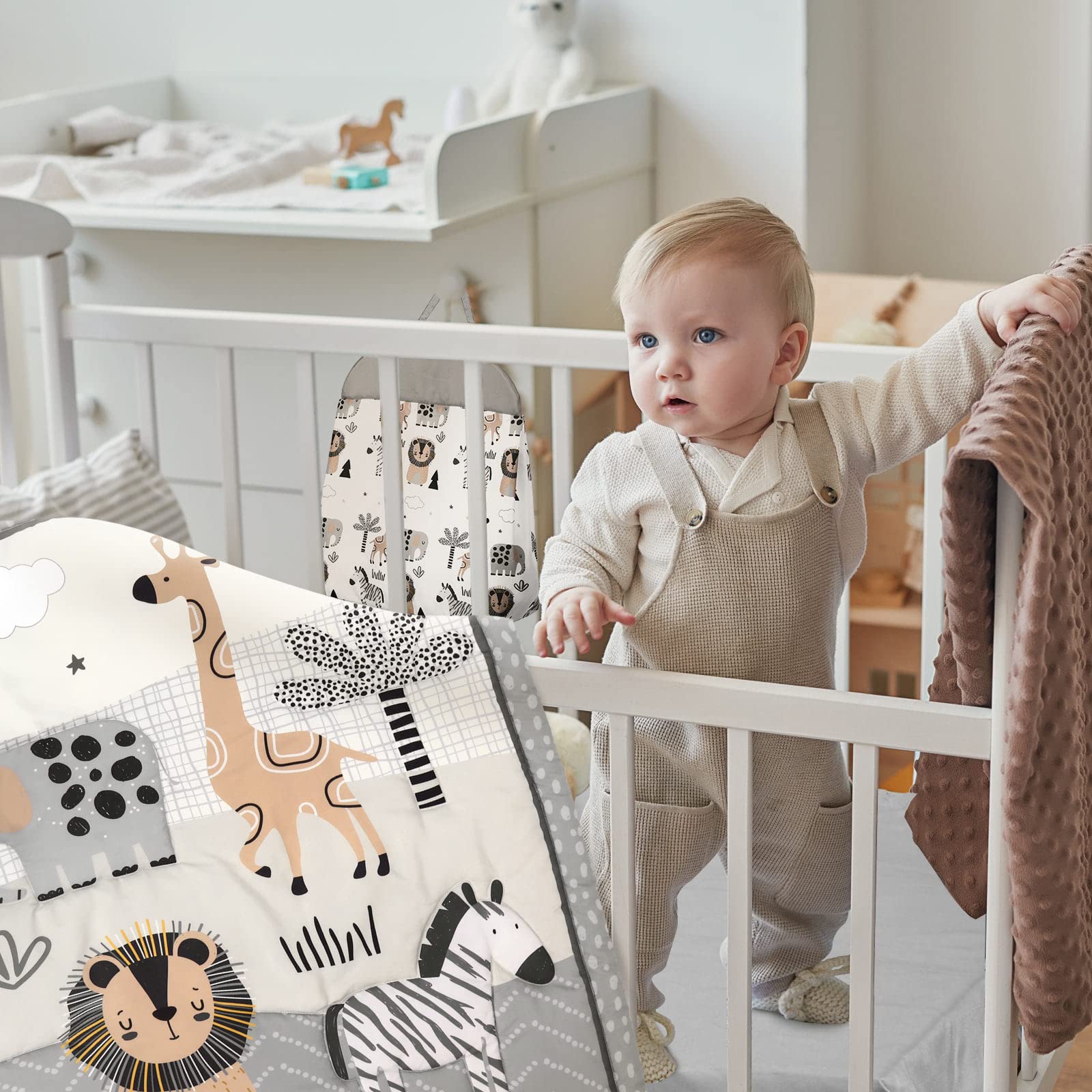 4-Piece Woodland Animal Crib Bedding Set with Blanket, Sheet, Skirt, and Diaper Stacker