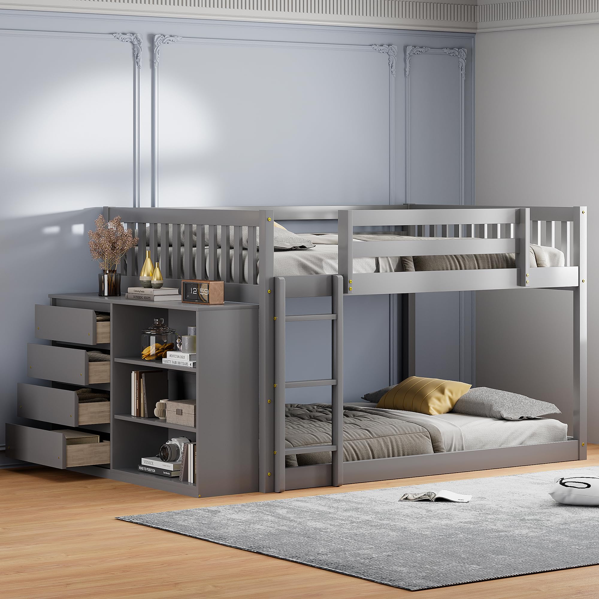 Bunk Bed with Storage Drawers and Shelves