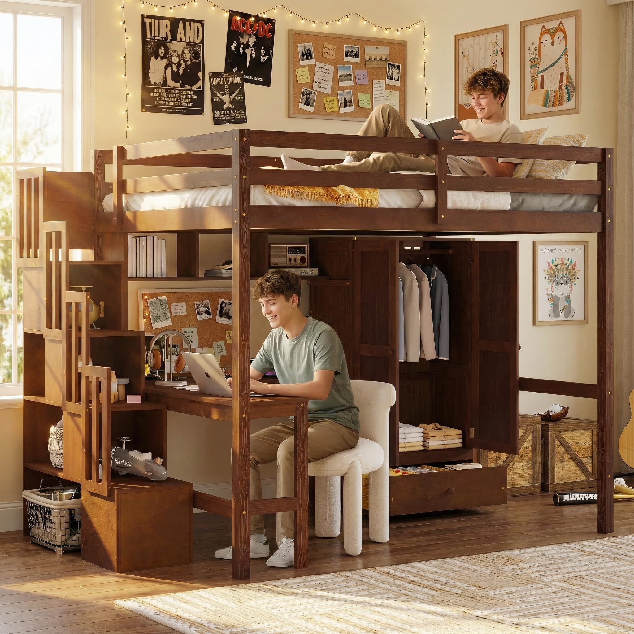 Full-Size Loft Bed with Desk, Shelves, and Storage Stairs