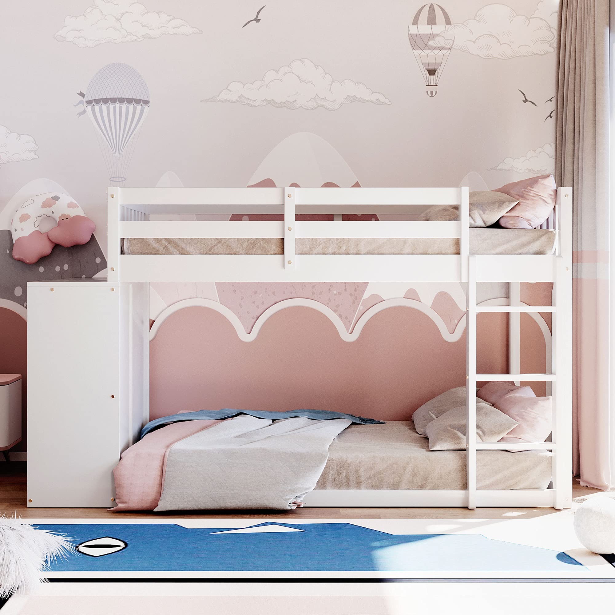 Twin Over Twin Bunk Bed with Storage Drawers and Shelves