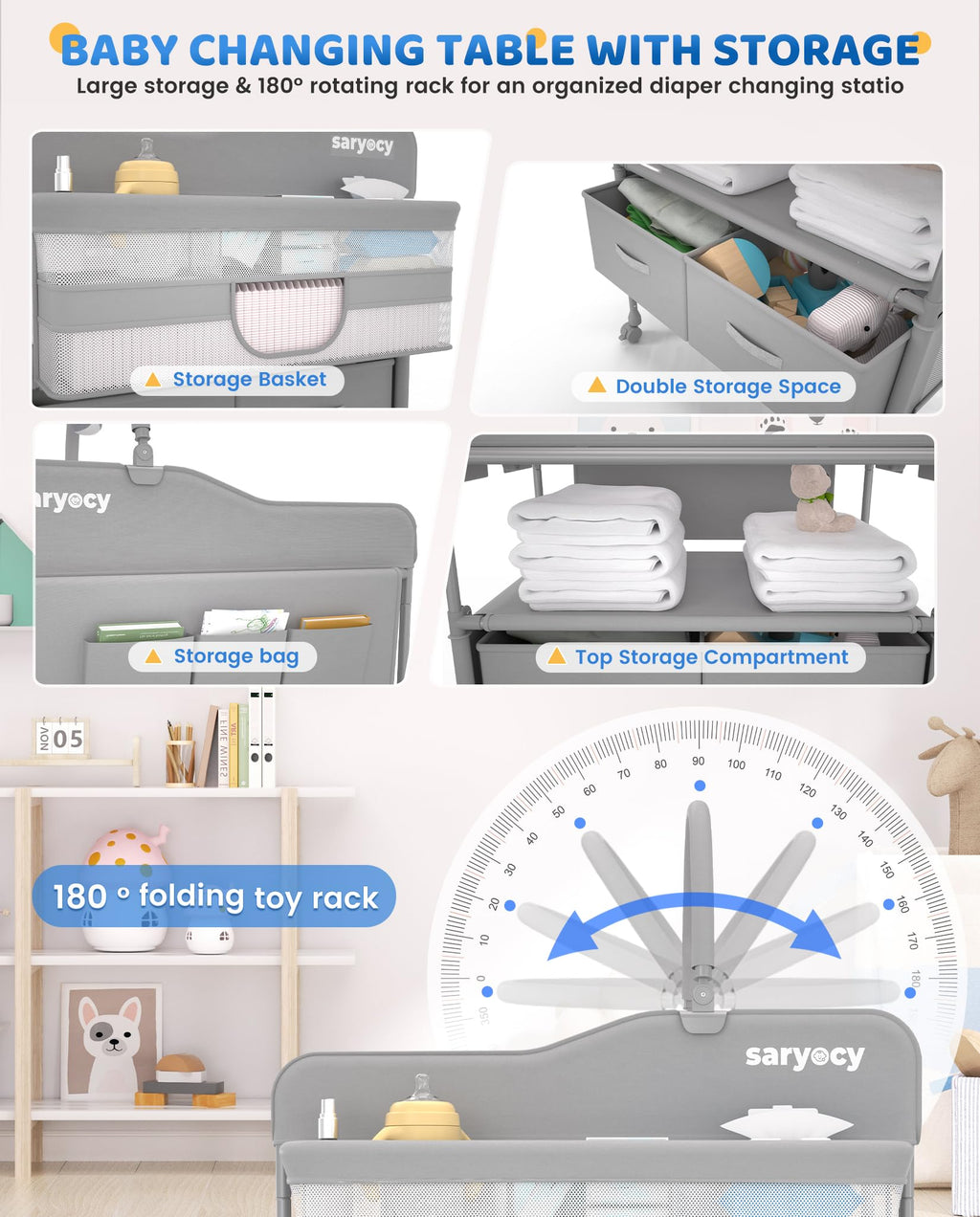 Baby Changing Table with Storage and Adjustable Height