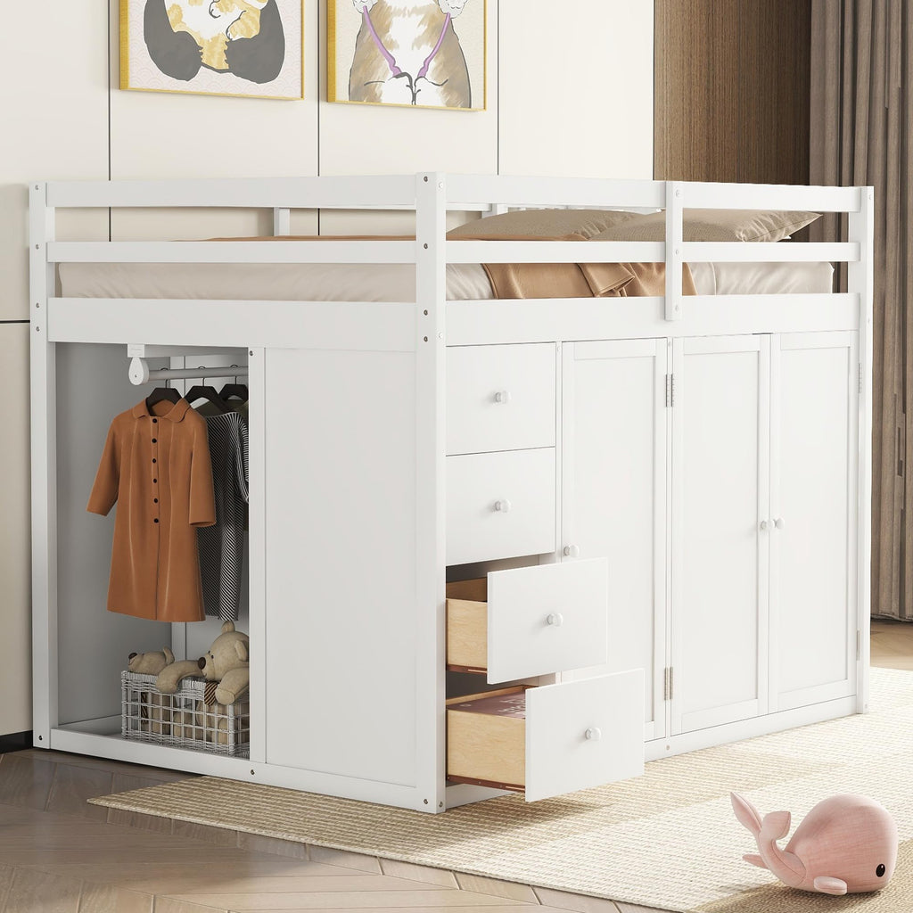 Full-Size White Loft Bed with Built-in Wardrobe, Drawers & Staircase Storage