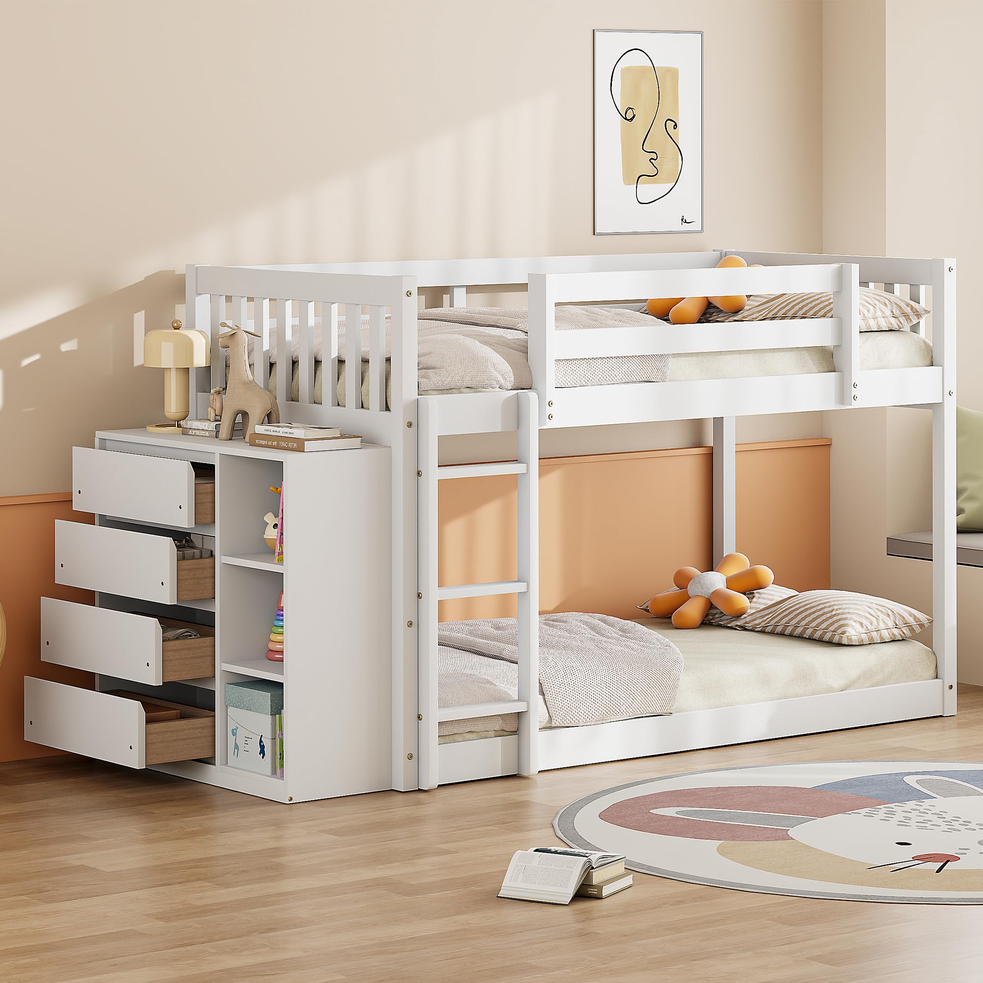 Bunk Bed with Storage Drawers and Shelves