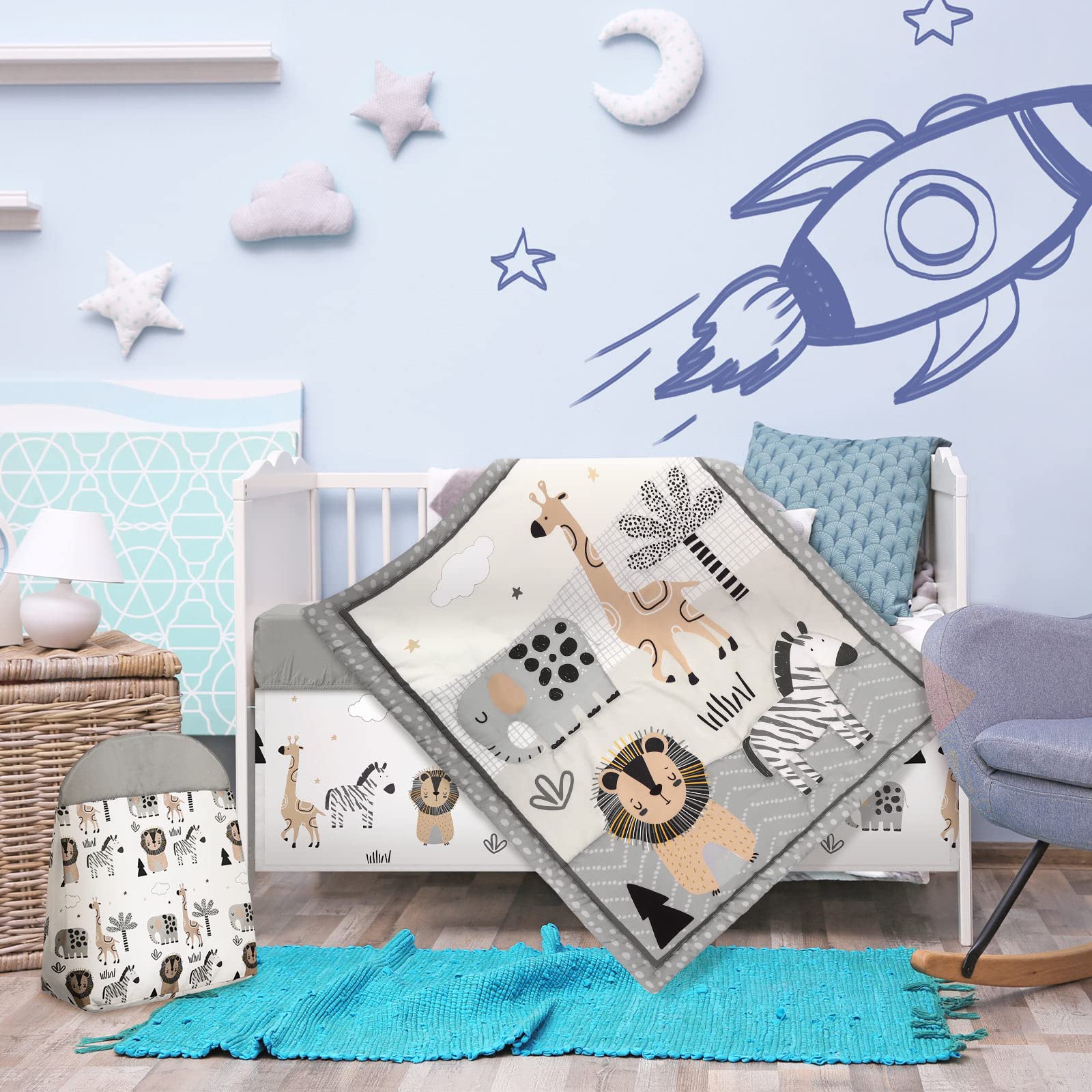 4-Piece Woodland Animal Crib Bedding Set with Blanket, Sheet, Skirt, and Diaper Stacker