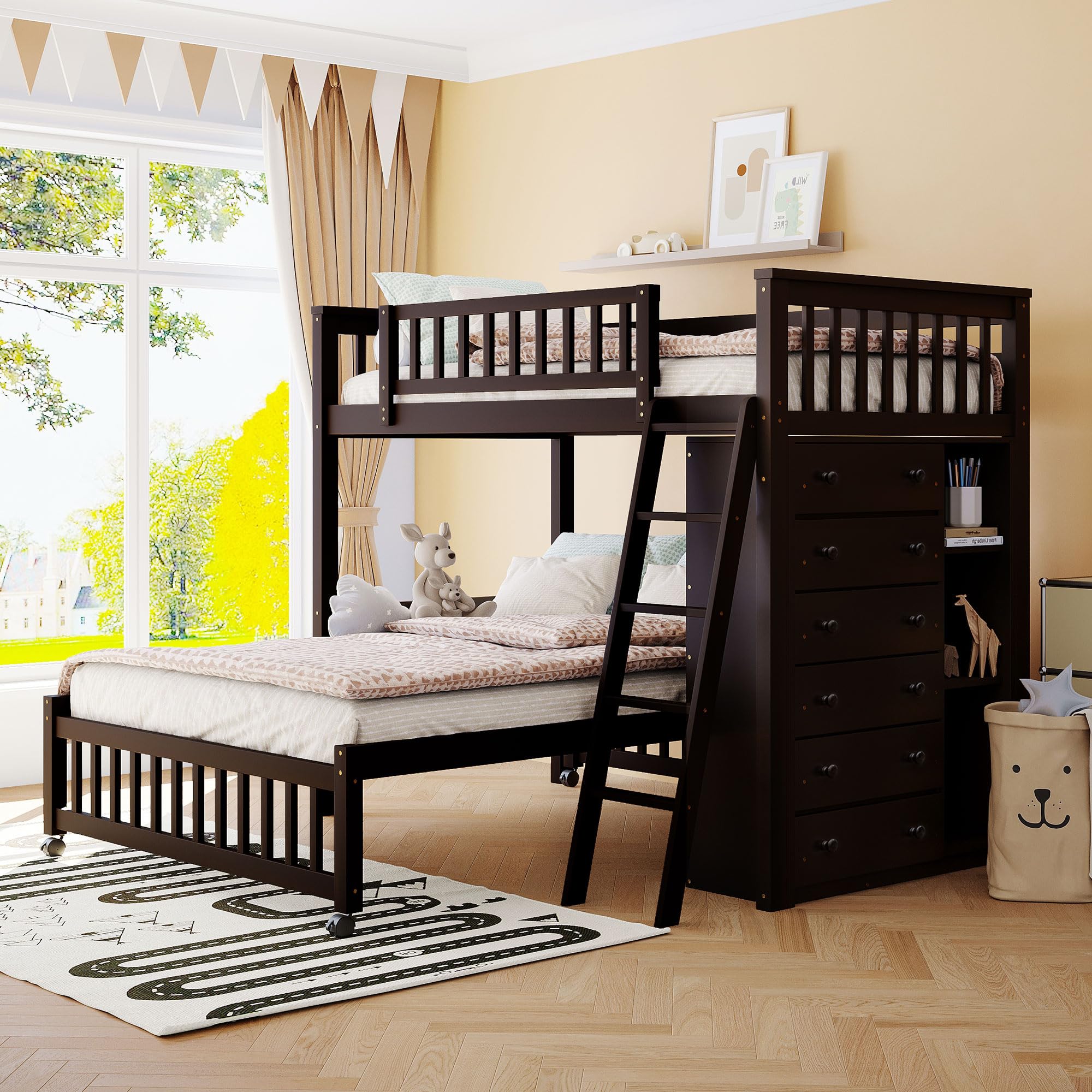 Twin Loft Bed with Storage Stairs and Solid Wood Frame