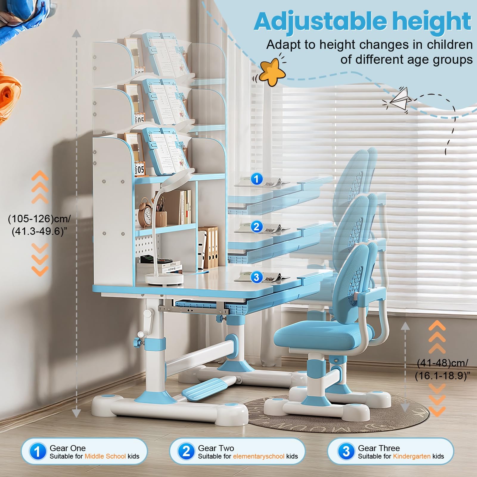 Height-Adjustable Kids Desk and Chair Set with Storage and Bookshelf