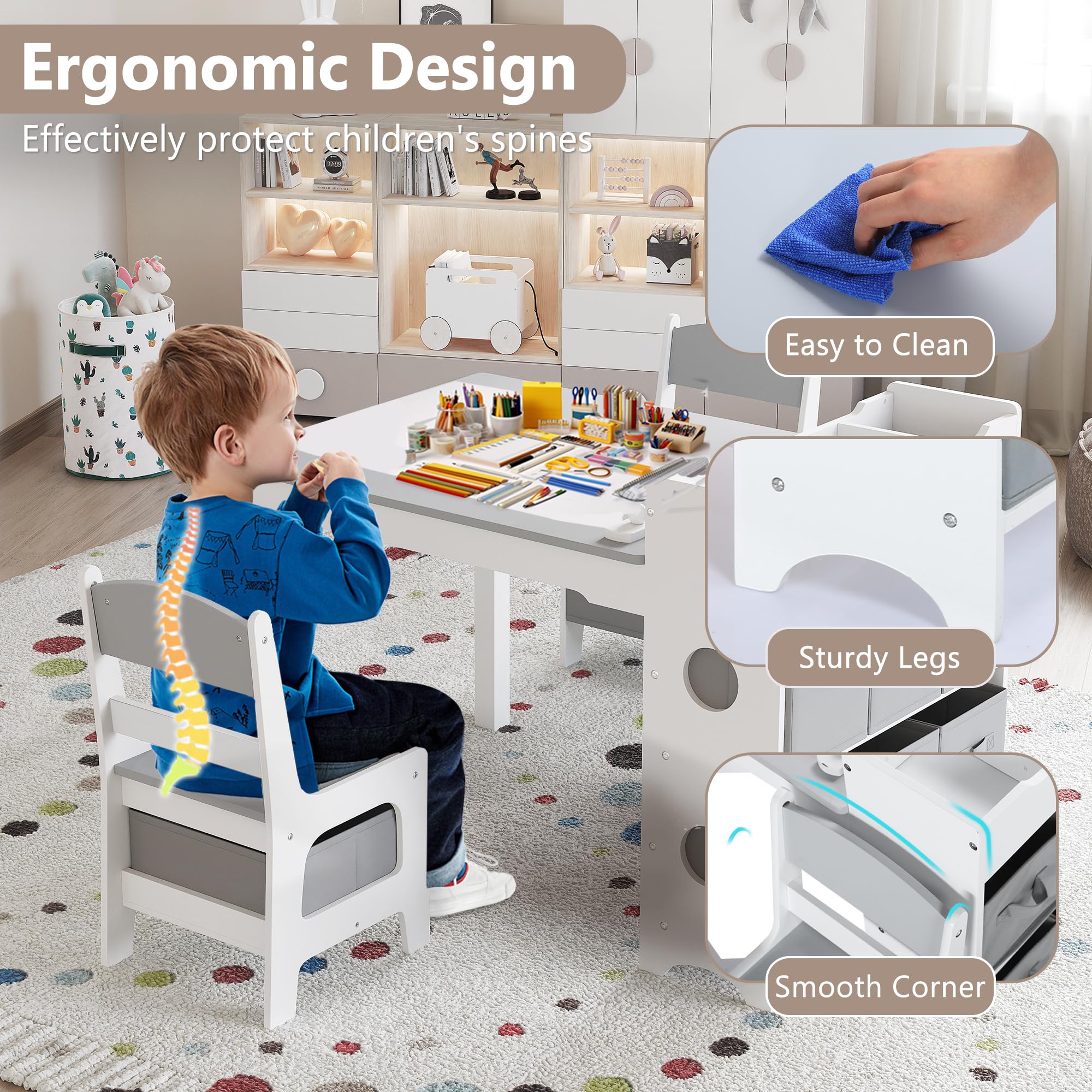 Kids Toddler Table and Chair Set with Storage Bins and Paper Roll