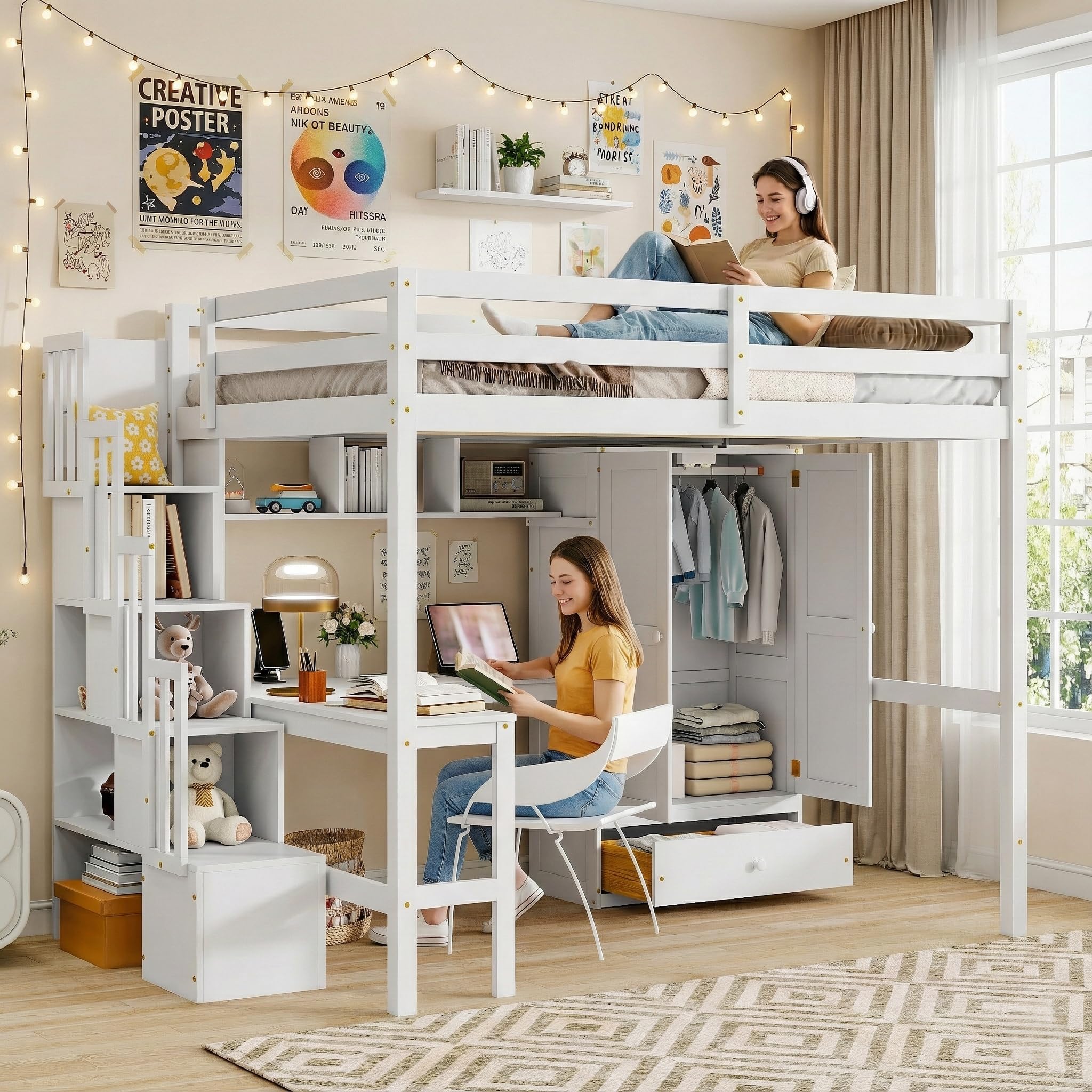 Full-Size Loft Bed with Desk, Shelves, and Storage Stairs