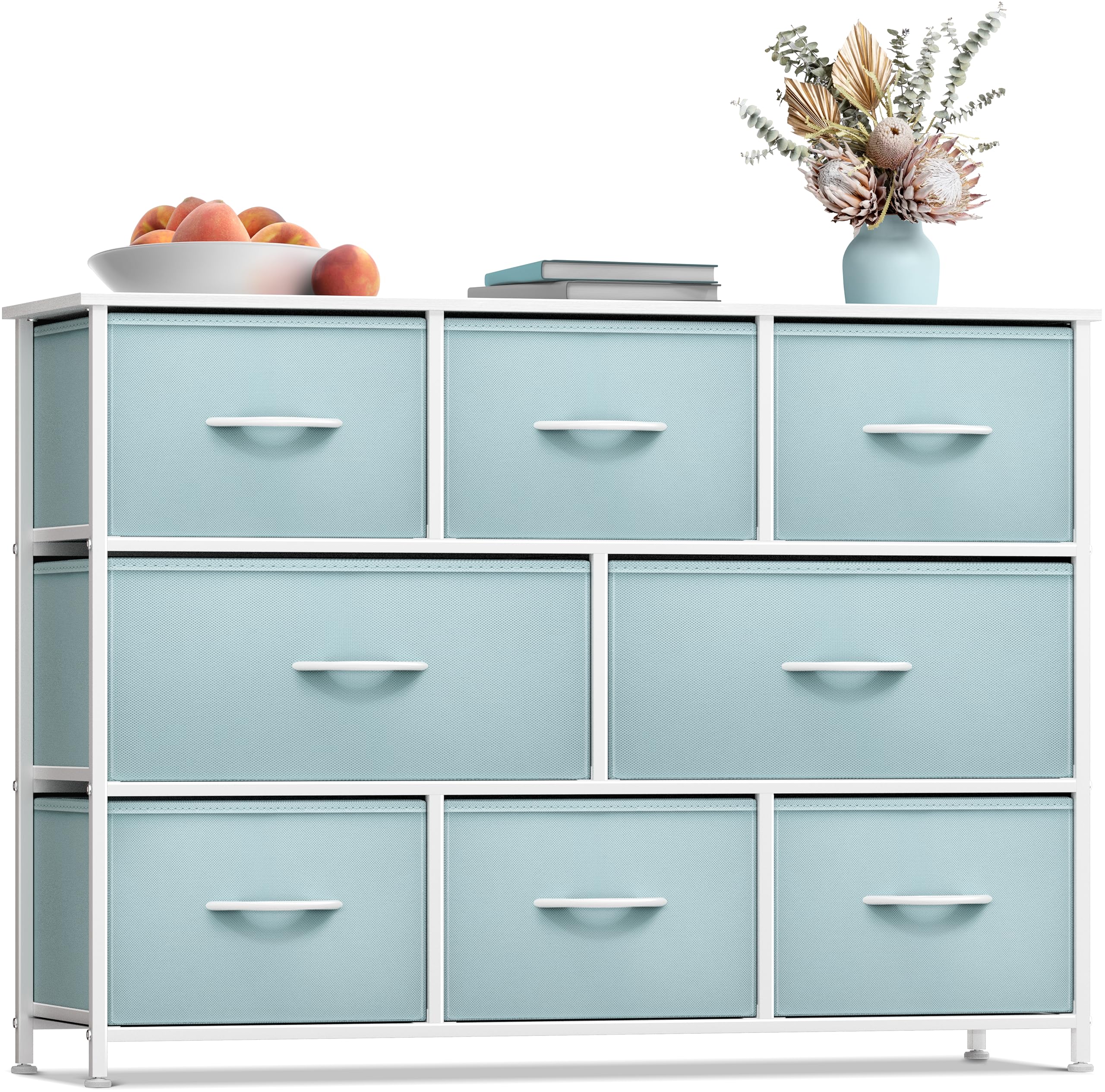8-Drawer Storage Dresser with Wood Top and Fabric Bins
