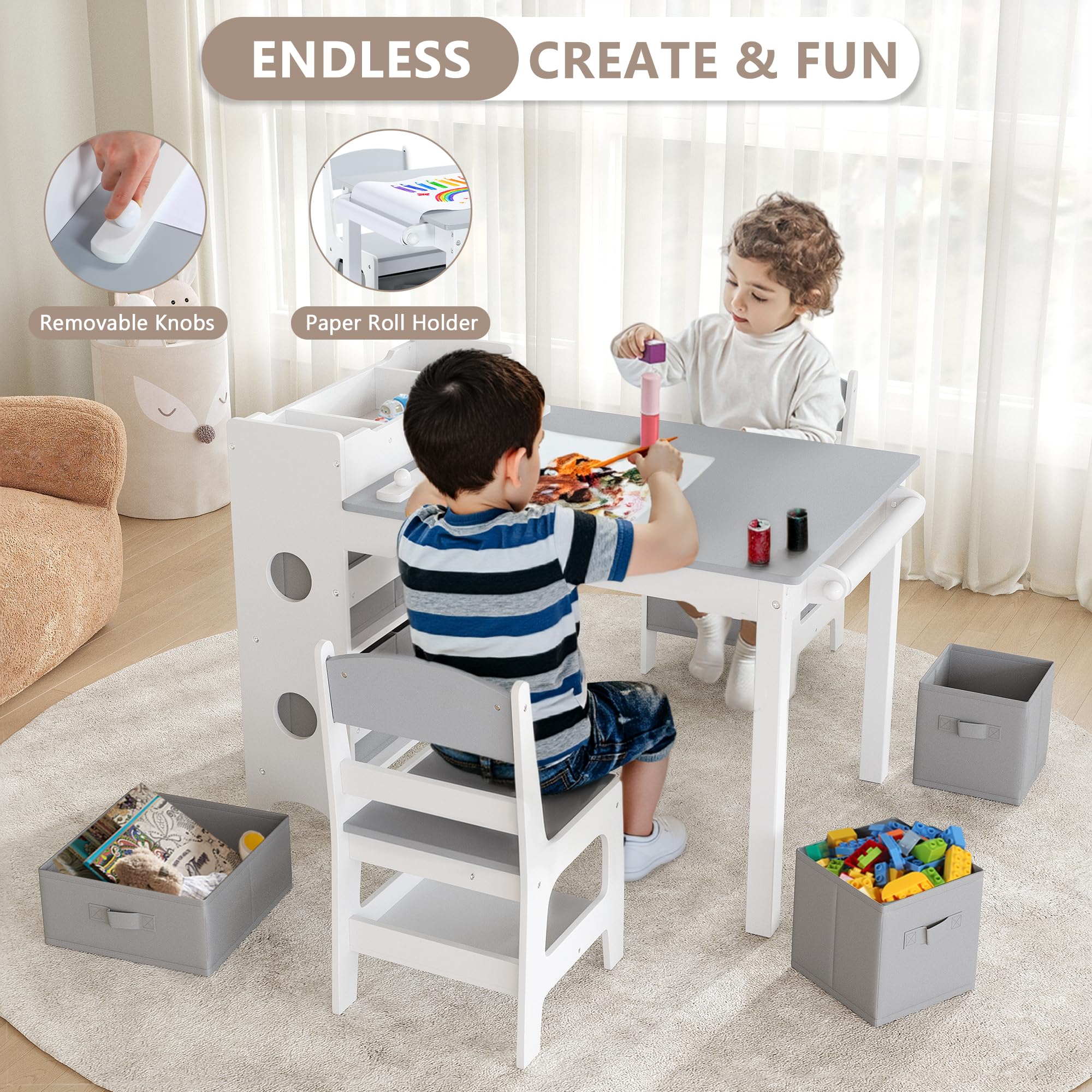 Kids Toddler Table and Chair Set with Storage Bins and Paper Roll